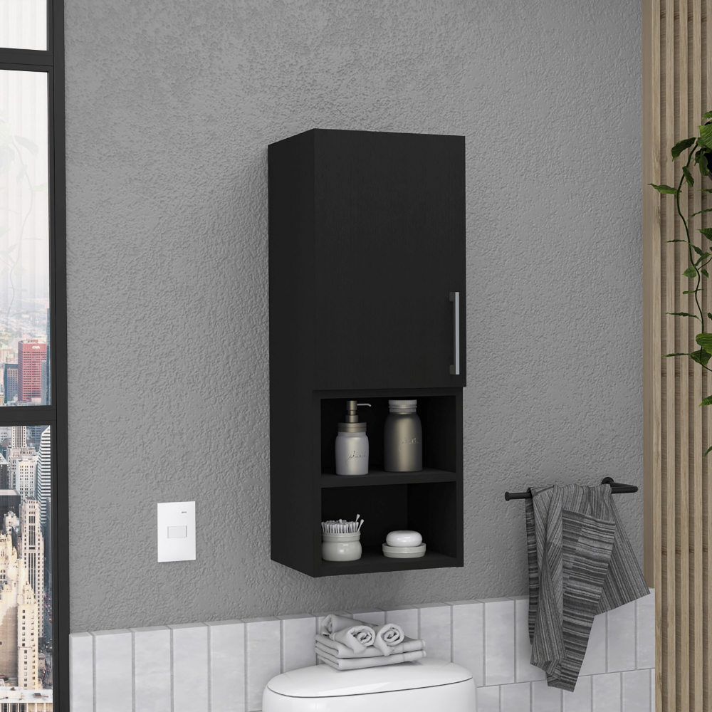 Medicine Single Door Cabinet 31'H, Two External Shelves, Two Interior Shelves, Black