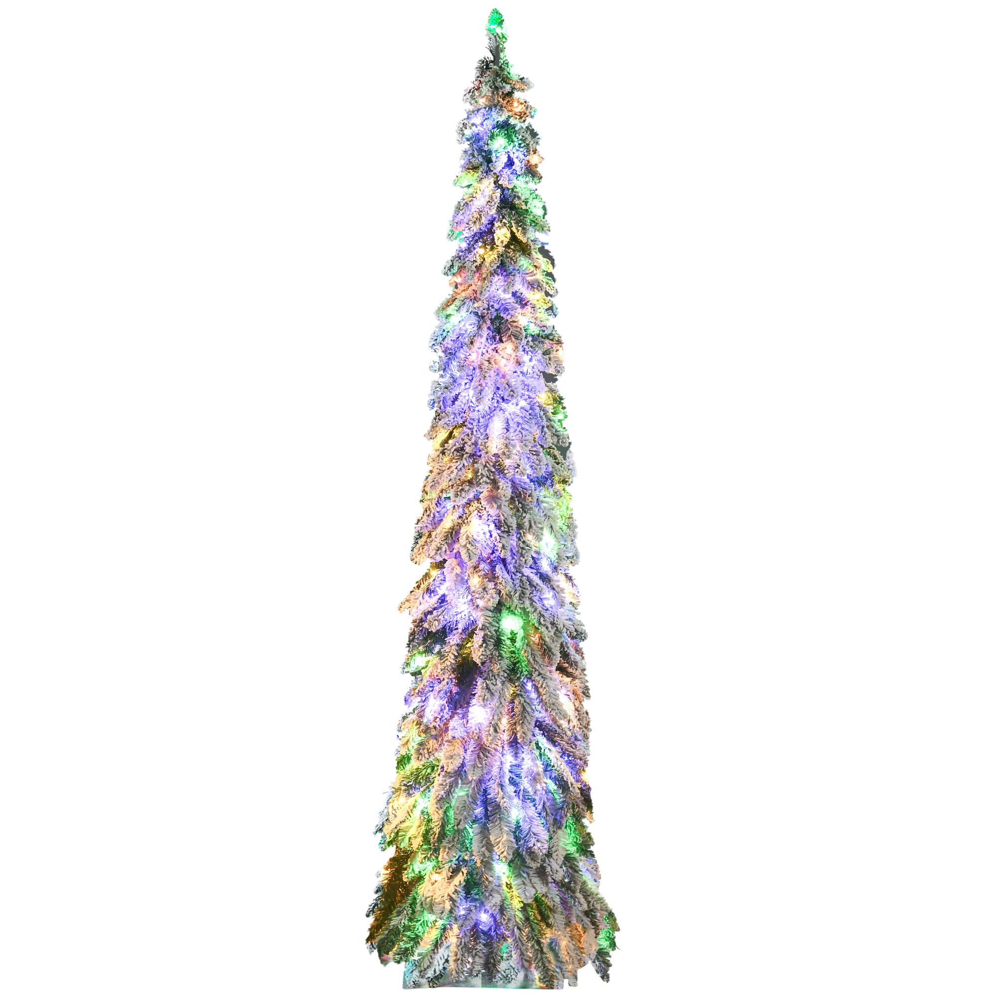 HOMCOM 7ft Tall Prelit Pencil Artificial Christmas Tree Holiday Décor with 534 Snow Flocked Branches, 350 Warm White or Colorful LED Lights, Downswept Shape