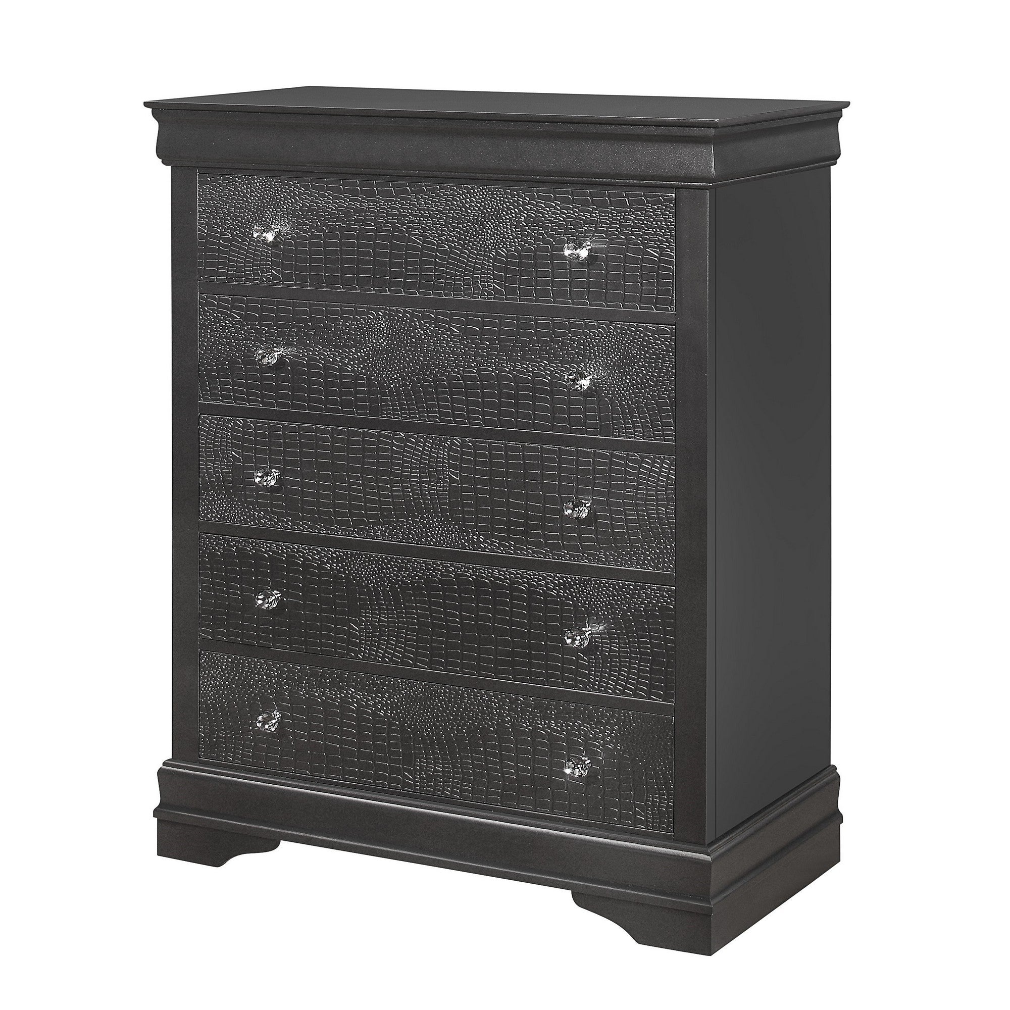 Contemporary Shaker Crocodile Chest with Crystal Embellished Hardware in Metallic Grey Solid Wood and MDF