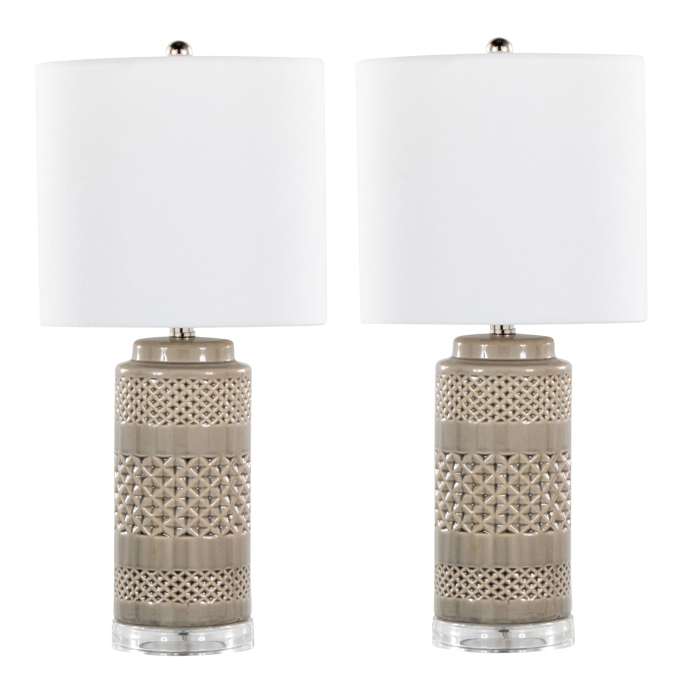 Casa 21' Contemporary Ceramic Table Lamp in Opal Gray Ceramic, Polished Nickel, Clear Acrylic Accents and White Linen Shade from Grandview Gallery by LumiSource - Set of 2