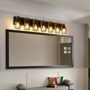 Industrial Vintage 7-Light Wall Sconce - Black Cage Wall Lighting Fixture with Wooden Accents for Bathroom, Hallway, or Living Room (Bulb Not Included)