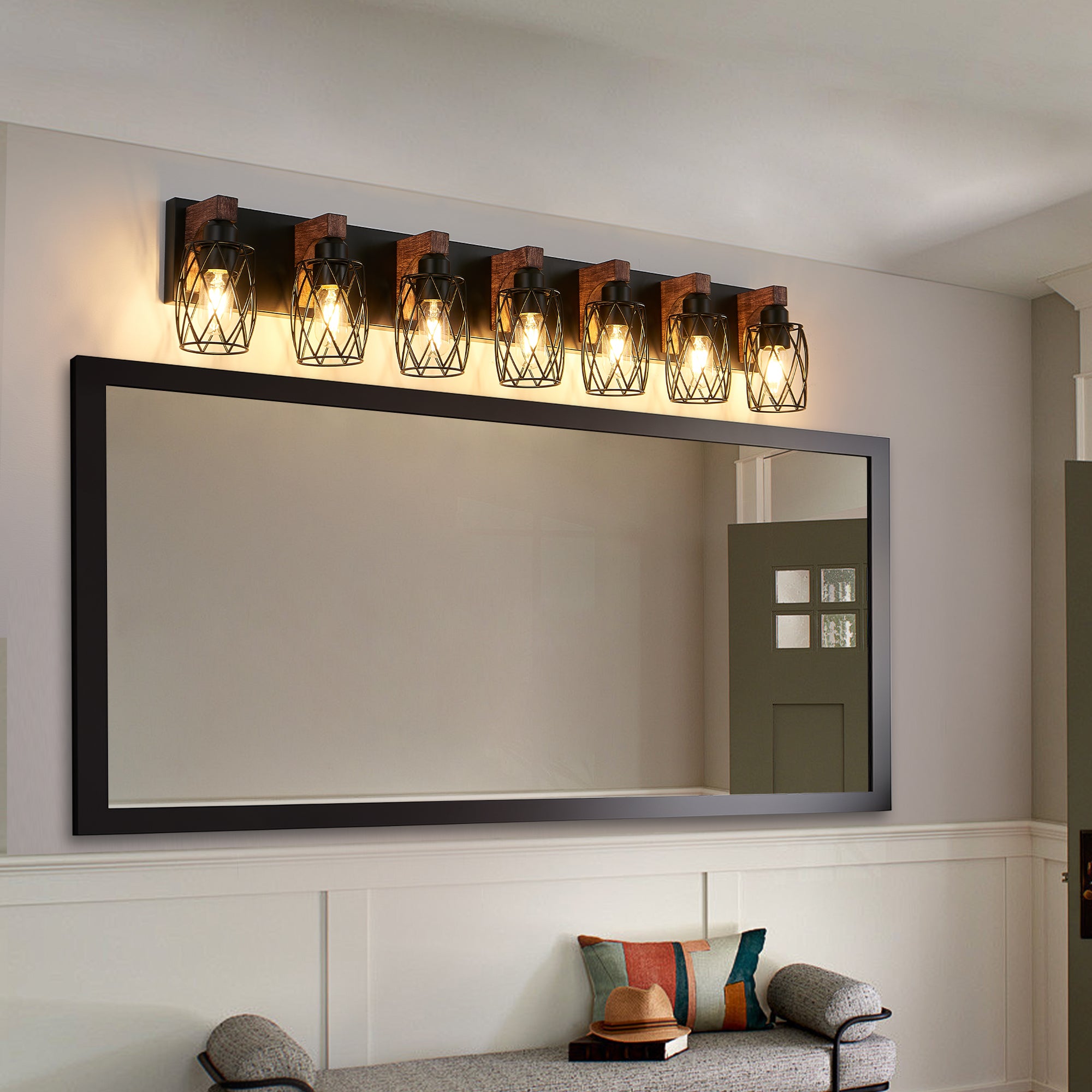 Industrial Vintage 7-Light Wall Sconce - Black Cage Wall Lighting Fixture with Wooden Accents for Bathroom, Hallway, or Living Room (Bulb Not Included)