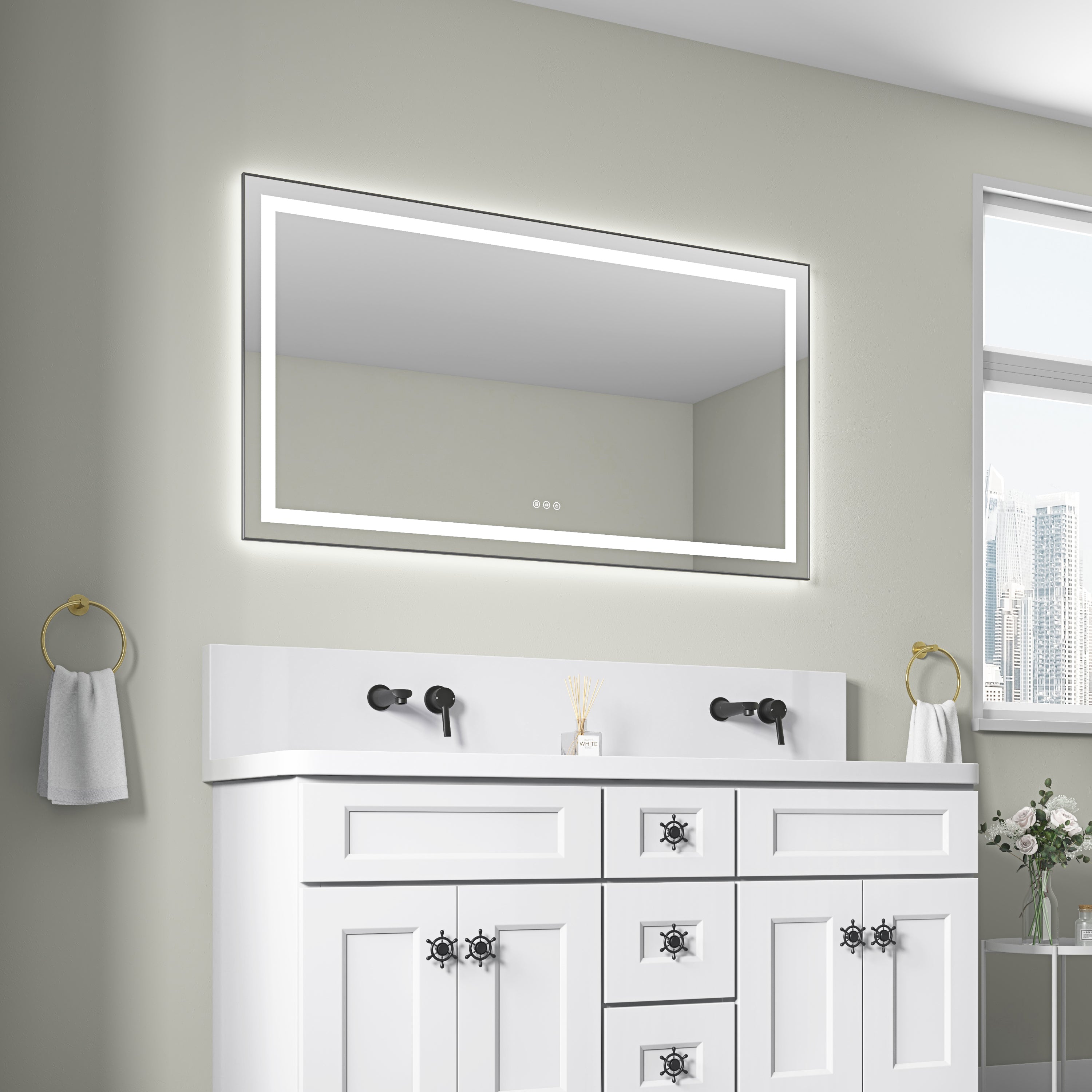 55' x 30' LED Bathroom Mirror with Front and Backlight, Wall Mounted Vanity Mirror with Aluminum Frame, Anti-Fog, Memory, 3 Colors, Stepless Dimmable