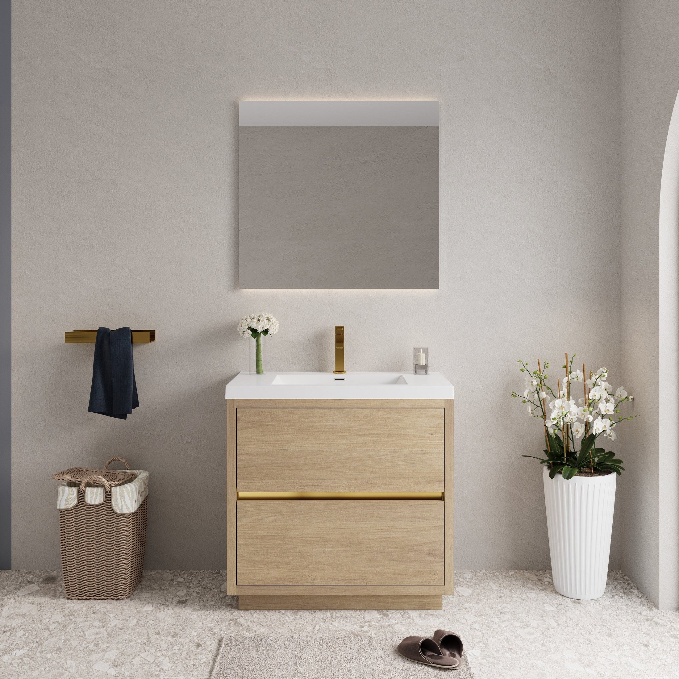 36' Freestanding Bathroom Vanity with Sink, Bathroom Storage Vanity Cabinet with Stone Resin Countertop and Soft Close Drawers, Natural Oak 24V14-36NO