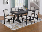 Traditional Look Dining Table And 6x Side Chairs White Finish Fabric Table w Trestle Base Cutout Back Chair 7pc Dining Set