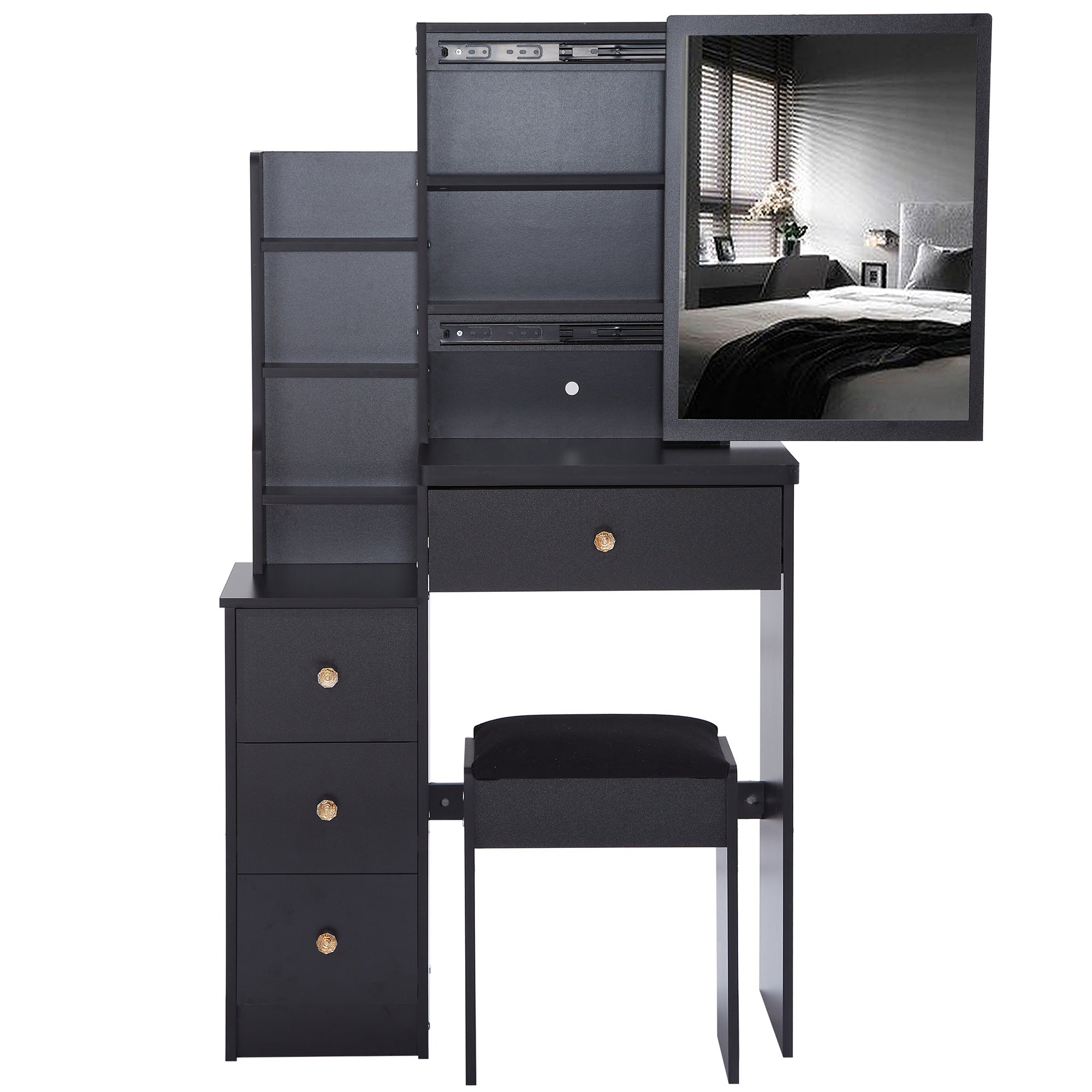 29.2' Small Space Left Bedside Cabinet Vanity Table + Cushioned Stool, Extra Large Right sliding mirror, Multi Layer High Capacity Storage, Practical Fashionable Dresser, Suitable For Small Space