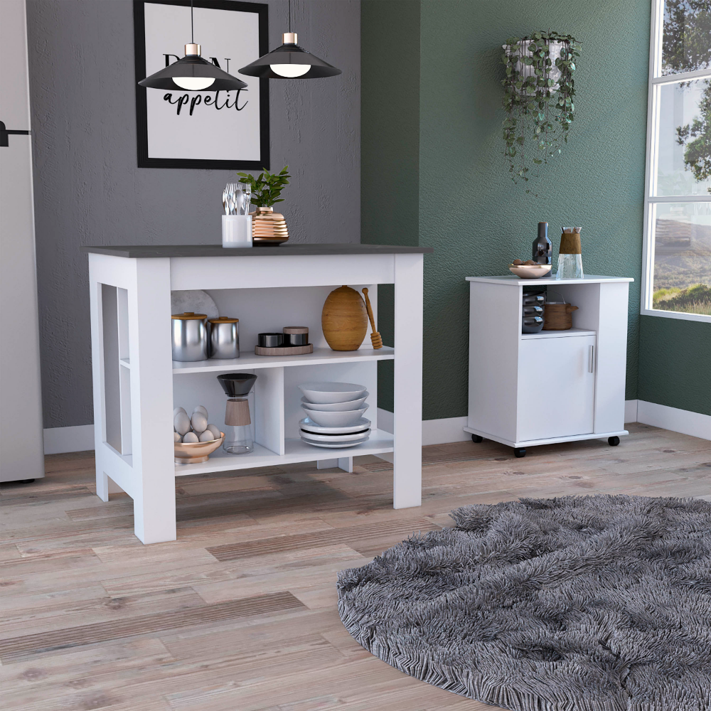 2 Piece Kitchen Set, Delos Kitchen Island + Munich Lower Microwave Pantry Cabinet , White /Onyx