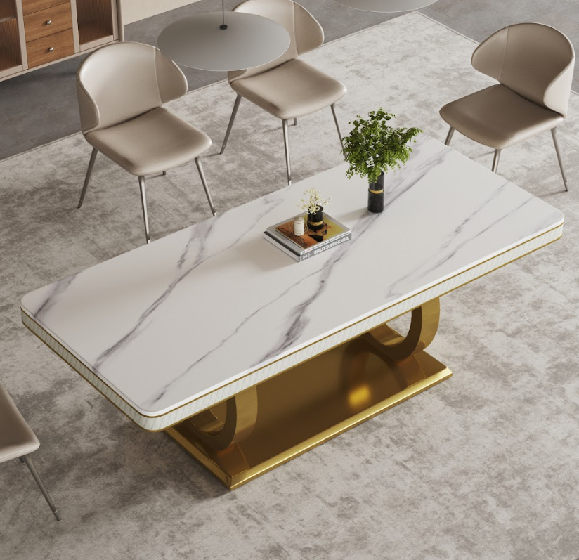White Veined Marble Dining Table - Stainless Steel Legs, Italian Minimalist