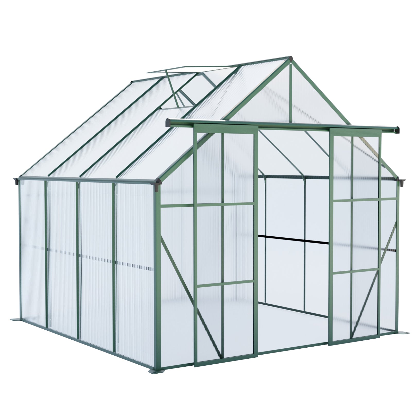 Outdoor Walk-in Greenhouse 8x8 FT Double Door with Polycarbonate Panels, Aluminum Frame, Green