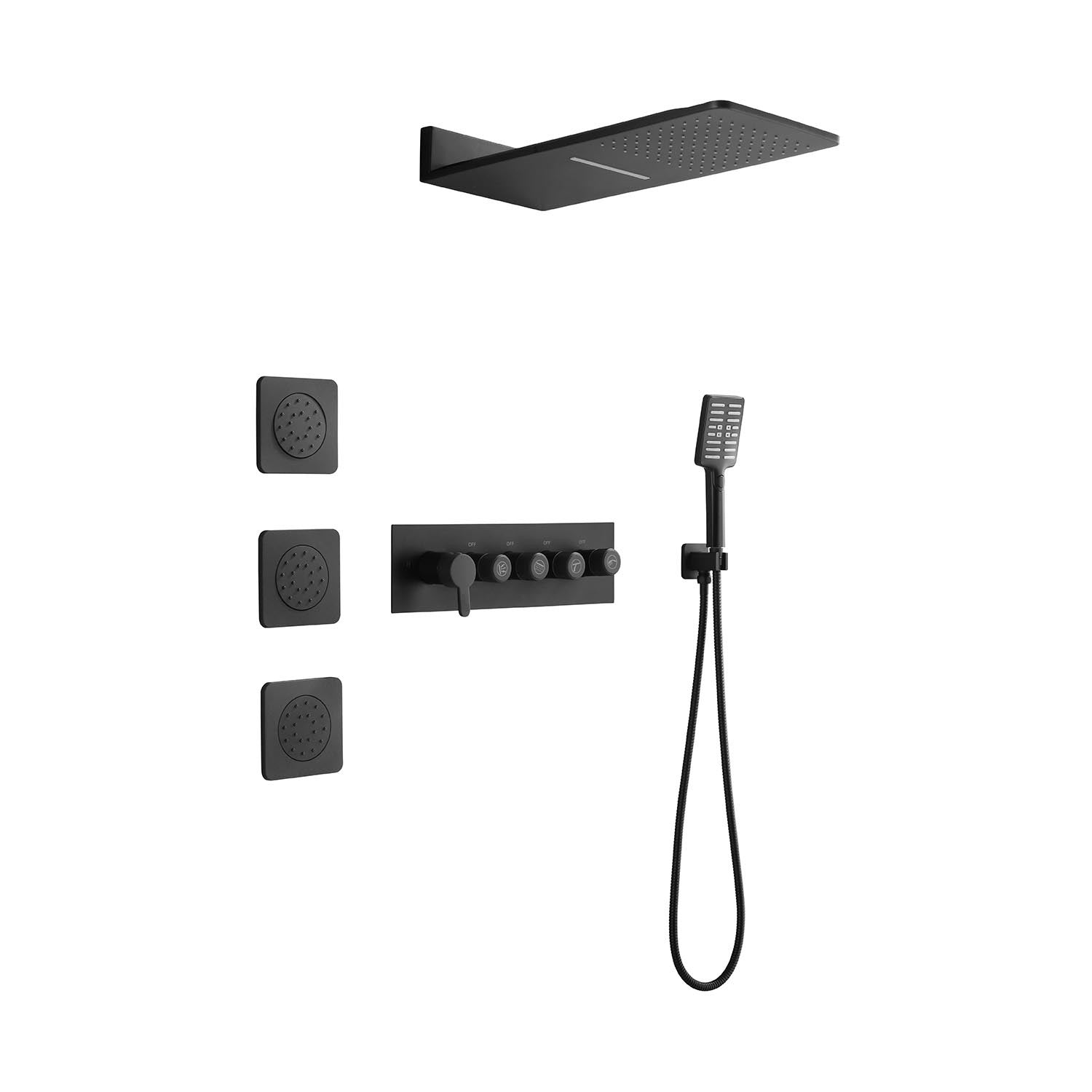 Wall Mounted Waterfall Rain Shower System With 3 Body Sprays & Handheld Shower