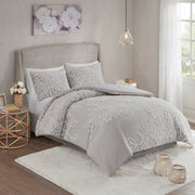 3 Piece Tufted Cotton Chenille Floral Comforter Set Warm Grey/White Full/Queen