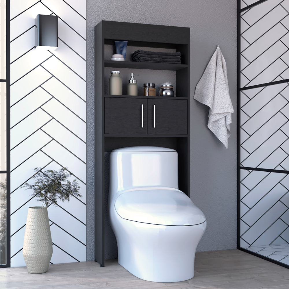 63H' Over The Toilet Cabinet, Two Shelves, Double Door, Black
