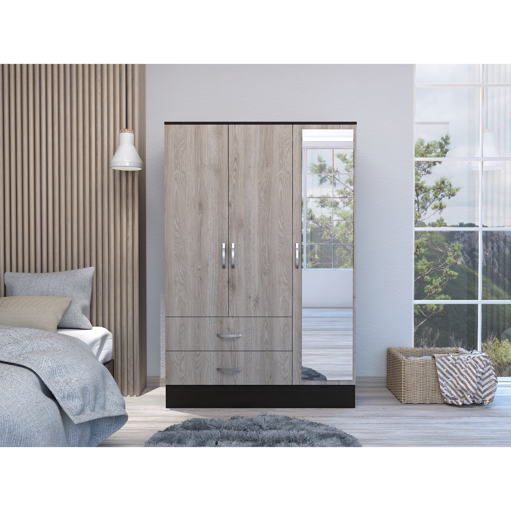 Bolton 120 Mirrored Armoire, Metal Hardware, Double Door Cabinet, Two Drawers, Single Door With Mirror, Rods - Multicolor
