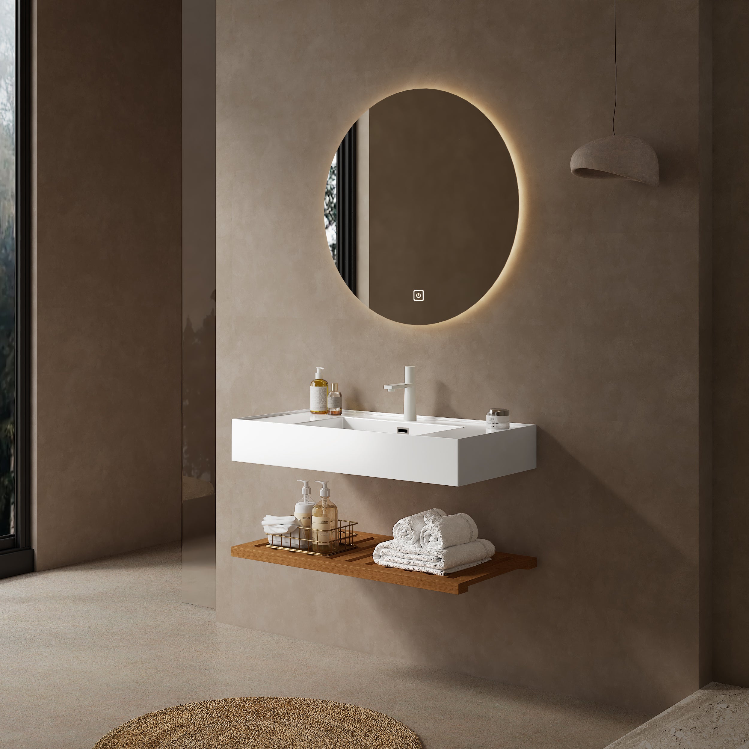 LEDE 36' Bathroom Vanity with Vessel Sink, Wall-Mounted Floating White Rectangular Acrylic Integrated Basin without Faucet, Striped Shelves Layer, Dark Walnut Woodgrain Color