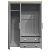 Three Door Storage Wardrobe with Cabinets and Two Hanging Rods, Gray, Pine Wood and MDF