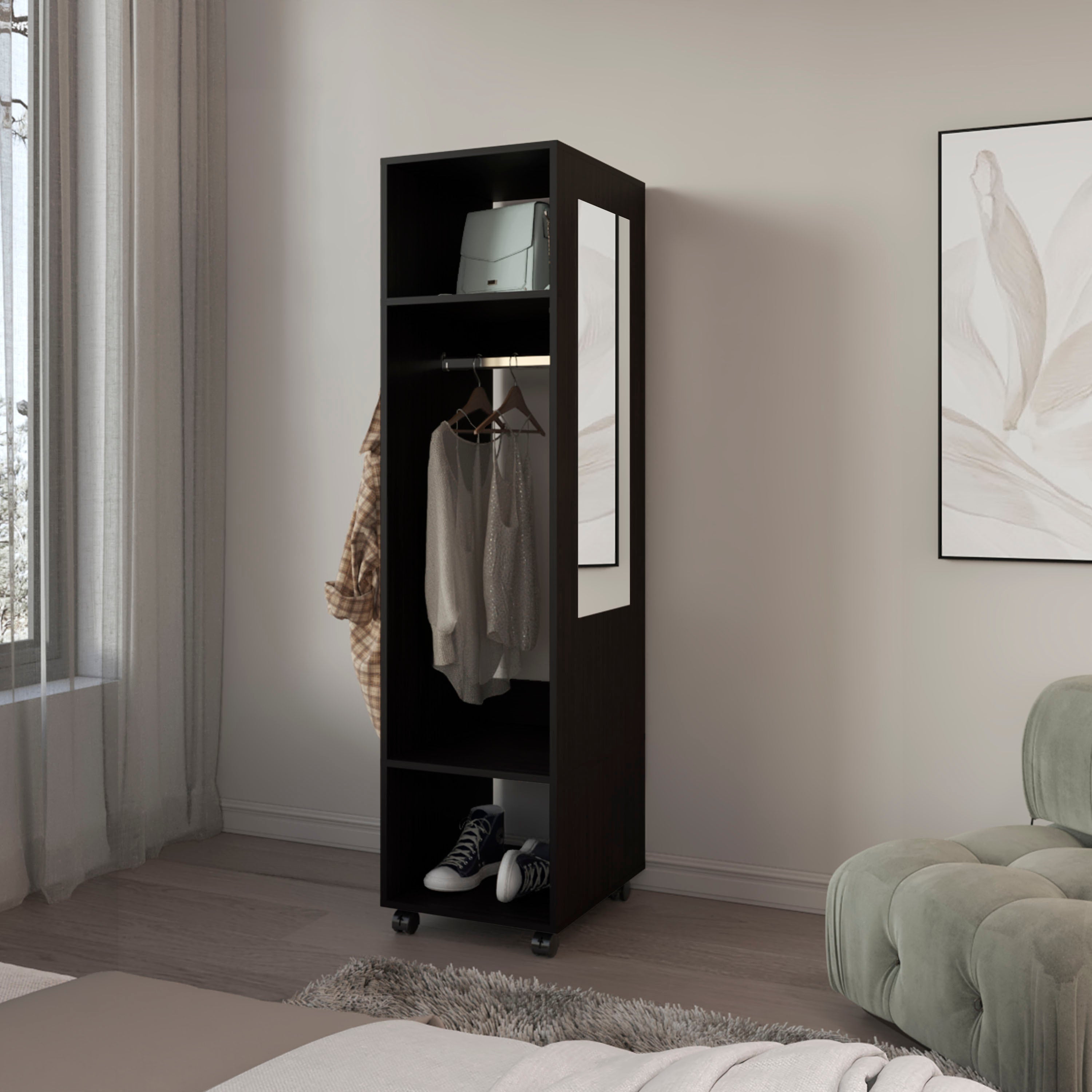 Armoire 63'H, with 3 Shelves, 1 Mirror, and 4 Wheels, Black