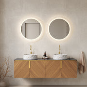 ARAI 60' Bathroom Vanity&Sinks, Wall-Mounted Plywood Bathroom Storage Cabinet with 4 Doors, 2 White Round Ceramic Basins with Stone Pattern & Black Sintered Stone Countertop, Brown Oak Woodgrain Color