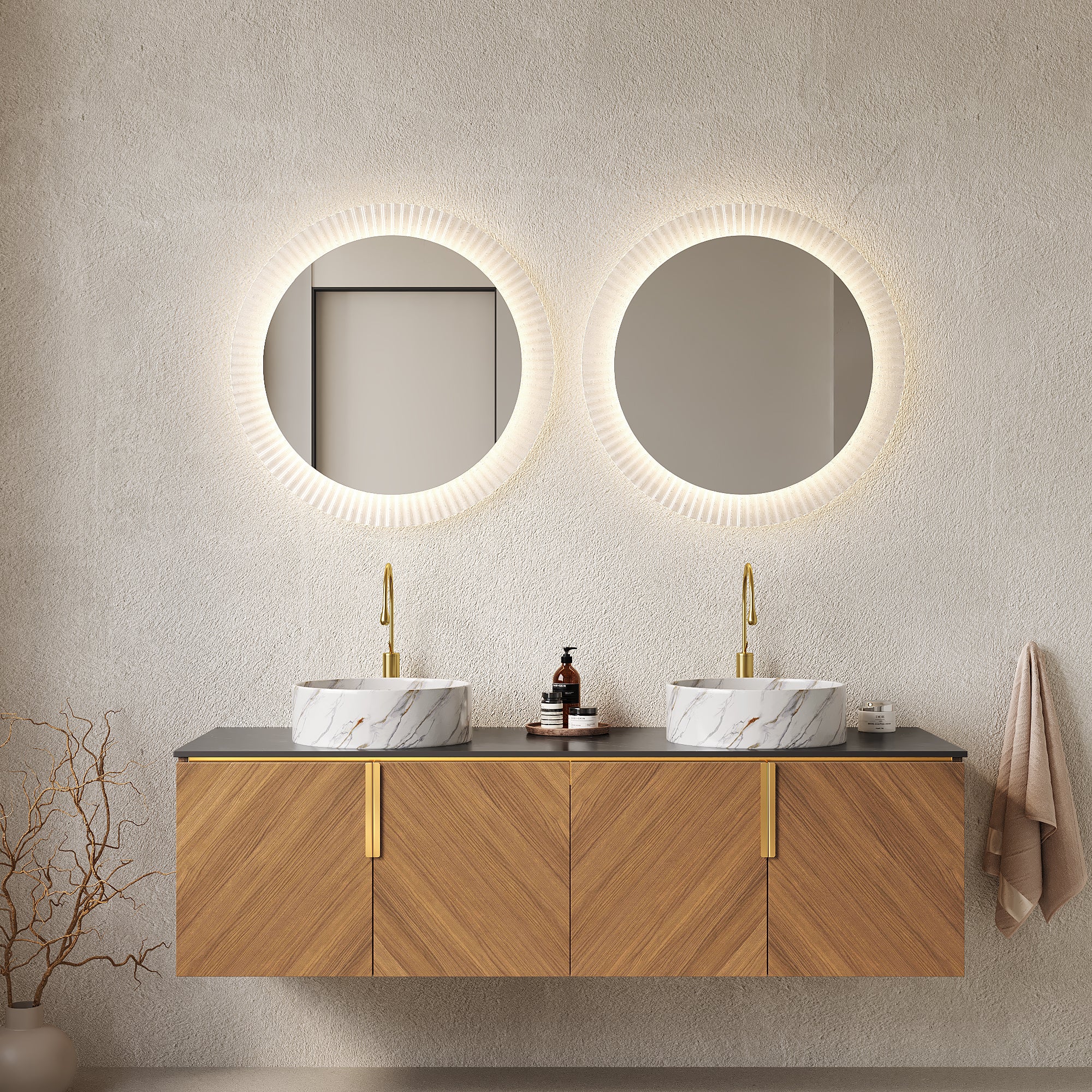ARAI 60' Bathroom Vanity&Sinks, Wall-Mounted Plywood Bathroom Storage Cabinet with 4 Doors, 2 White Round Ceramic Basins with Stone Pattern & Black Sintered Stone Countertop, Brown Oak Woodgrain Color