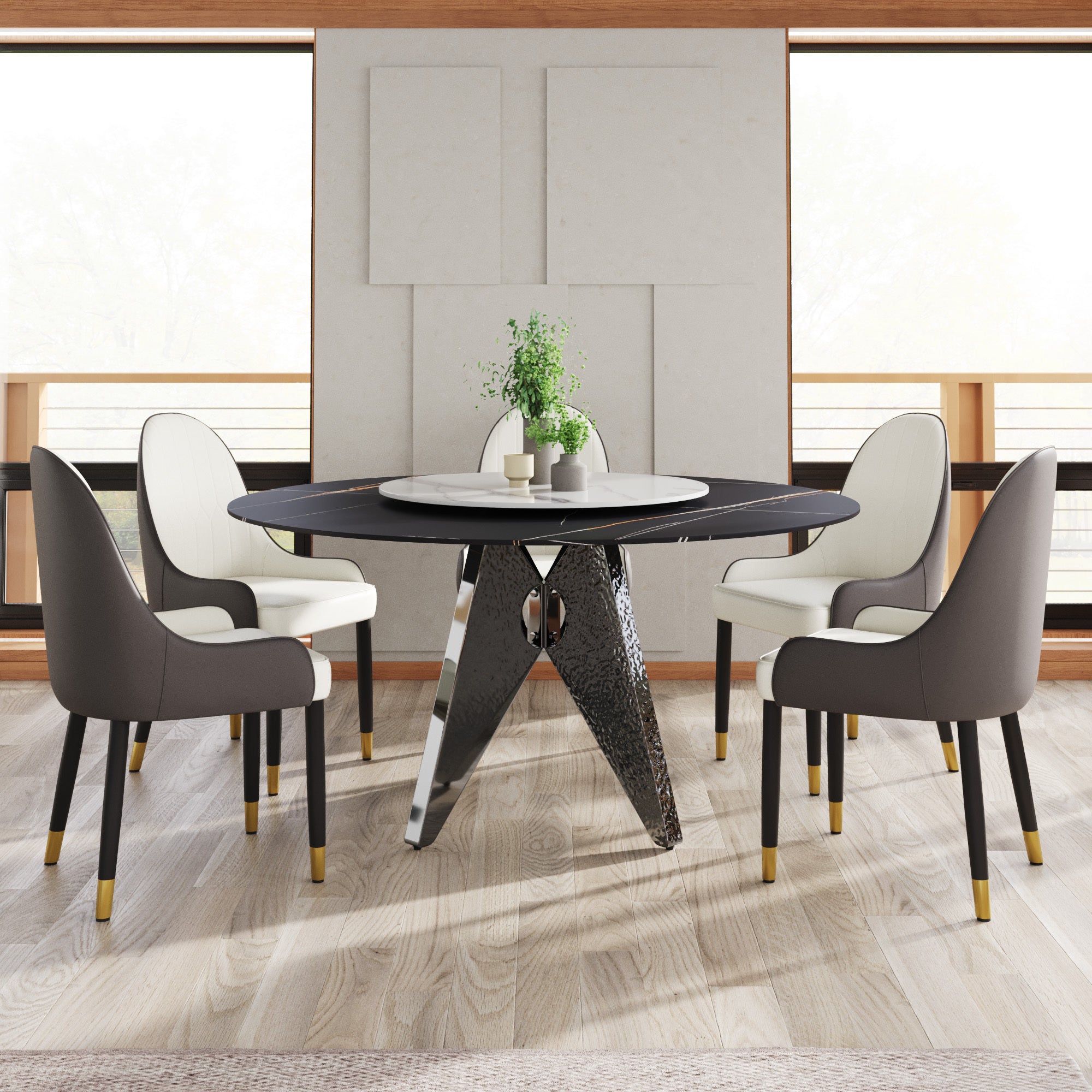 59.05' Round Marble Dining Table with Silver Stainless Steel Design Base, Artificial Marble for 6-8 People, 31.5'White Artificial Stone Turntable,White&Black (Dining Table Only)