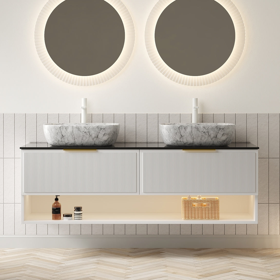 MALONE 60' Bathroom Vanity with Sinks, Floating Plywood Storage Cabinet, 2 Pinstripe Drawers&Shelf, Sensor Light, 2 Marble Pattern Ceramic Vessel Basins&Black Sintered Stone Top, Pre-assembled, White