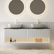 MALONE 60' Bathroom Vanity with Sinks, Floating Plywood Storage Cabinet, 2 Pinstripe Drawers&Shelf, Sensor Light, 2 Marble Pattern Ceramic Vessel Basins&Black Sintered Stone Top, Pre-assembled, White