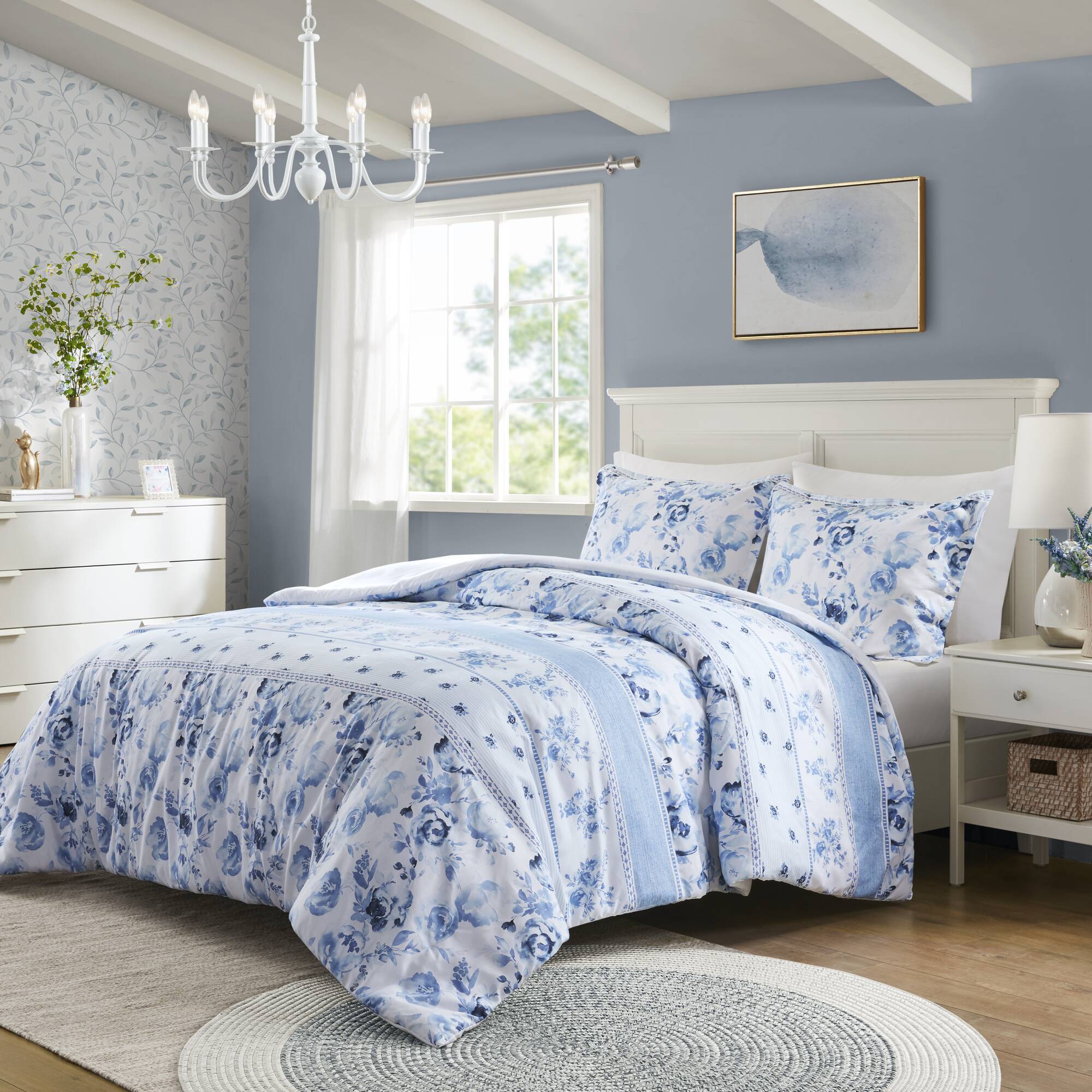 Floral Striped Duvet Cover Set Full/Queen