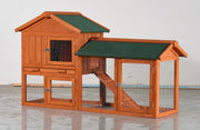 Large Wooden Rabbit Hutch, 2-Story Outdoor Bunny Cage with Waterproof Asphalt Roof, Pull-Out Tray & Ramp, Fir Wood Pet House for Rabbits, Chickens, Guinea Pigs (Brown & Green)