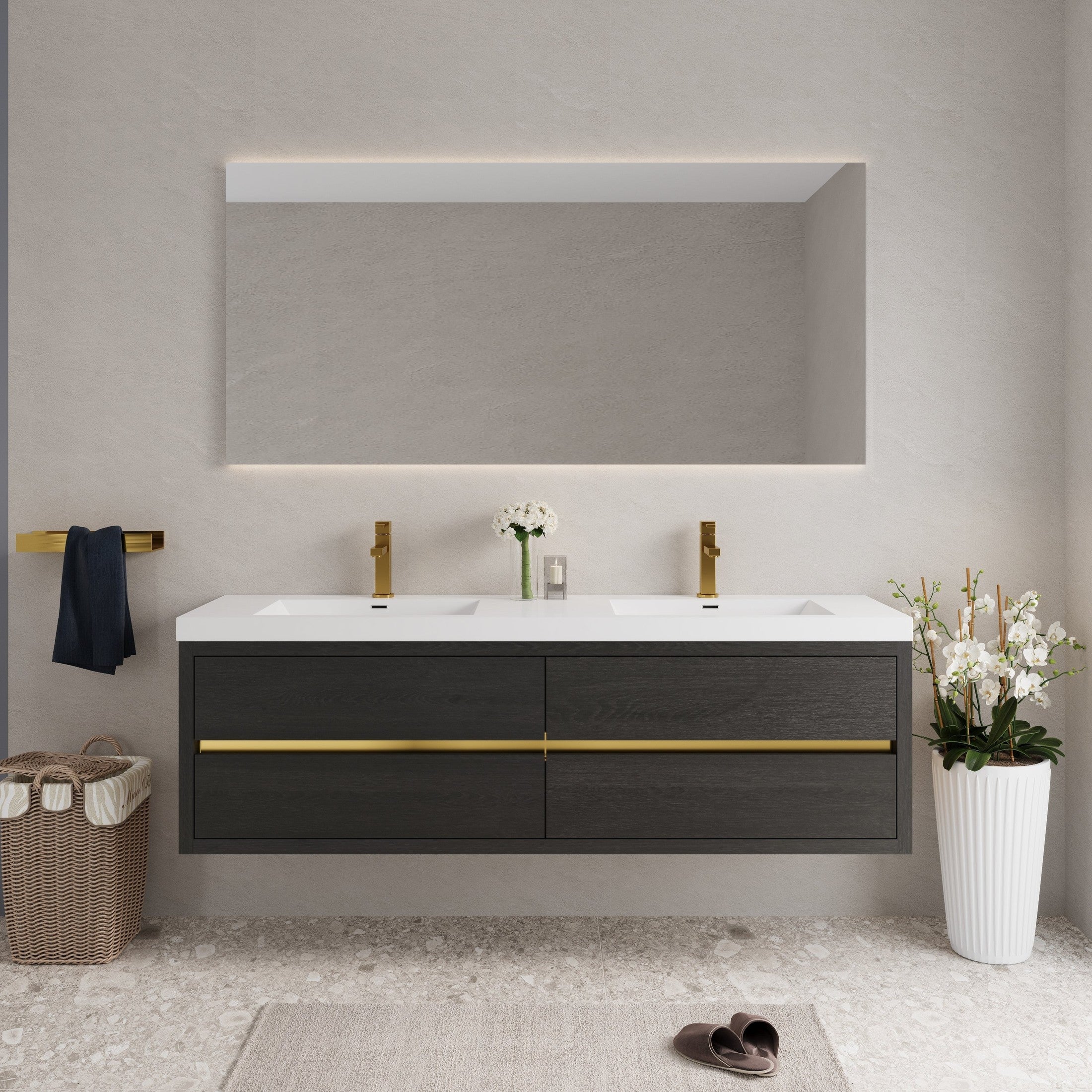 72' Wall-Mounted Bathroom Vanity with Sink, Floating Bathroom Storage Cabinet with Stone Resin Countertop and Soft Close Drawers, Espresso Wood 24V15-72EW