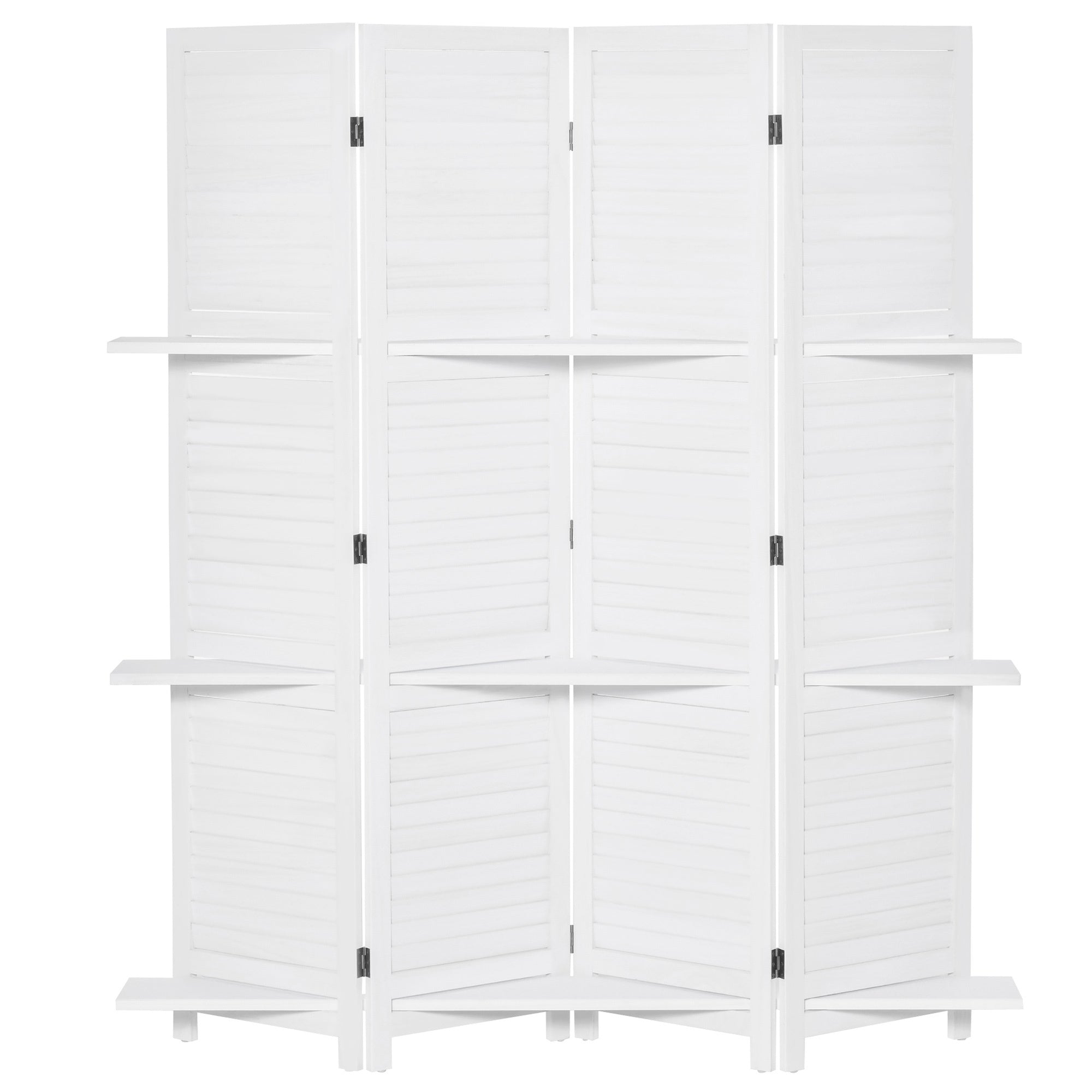 HOMCOM 4 Panel 67' Tall Wood Privacy Screen Room Divider with 3 Display Shelves, and Folding Storage for Bedroom or Home Office, White
