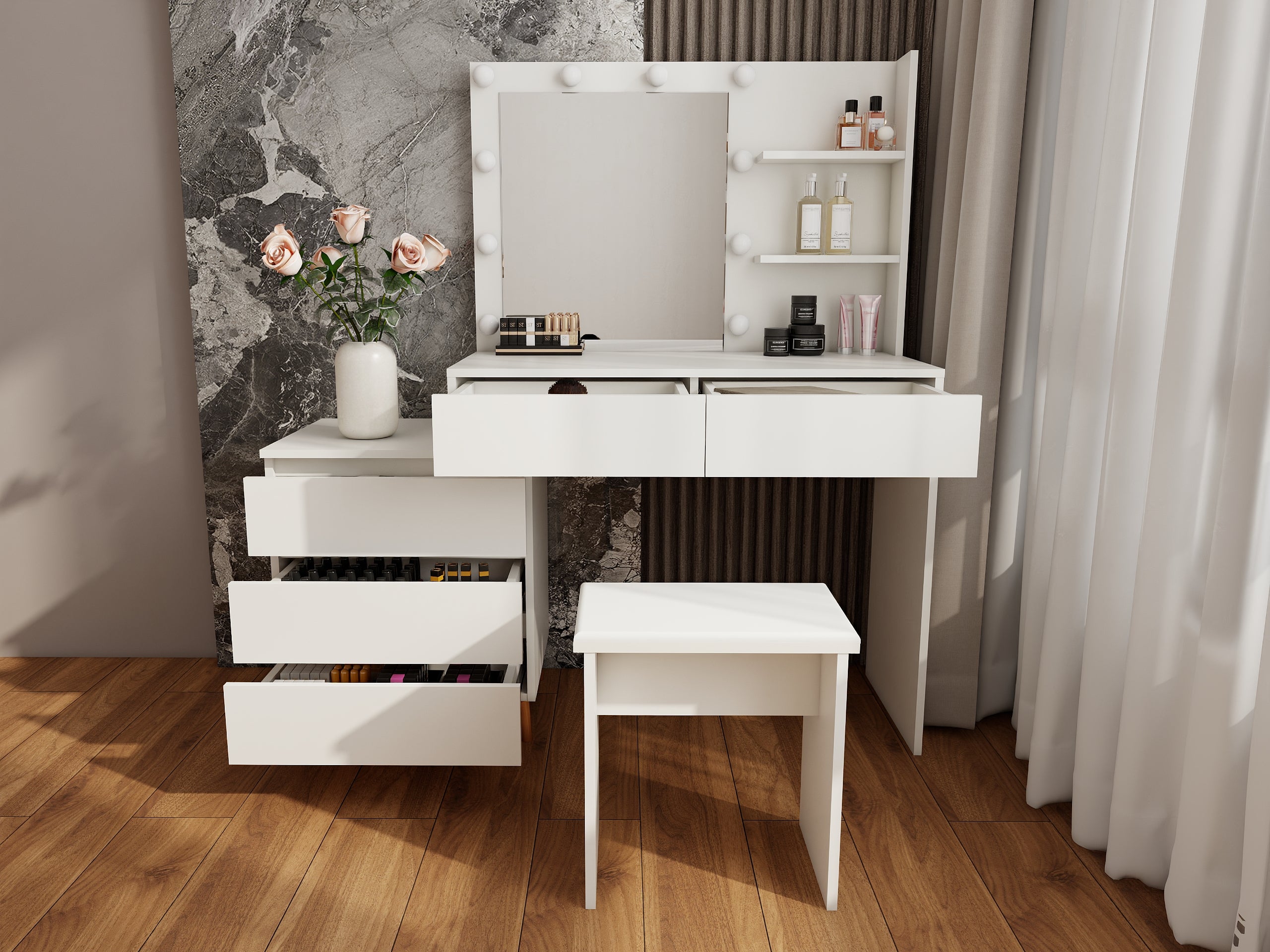 LED Lighted Makeup Vanity Table with Mirror - White Beauty Station with Storage Drawers, Matching Stool, and Organizing Compartments for Makeup Brushes and Cosmetics