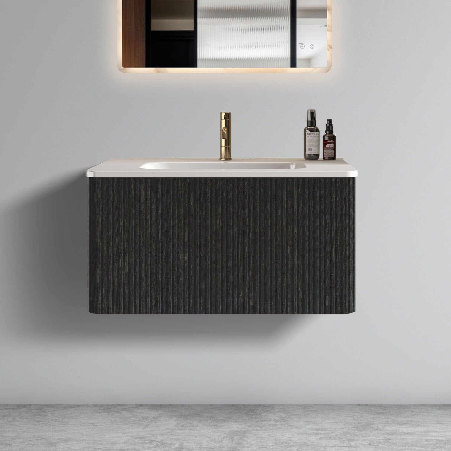 U057-Etna30W-308 Etna 30' Striped Brushed Black Oak Floating Bathroom Vanity with White Ceramic Sink, Bathroom Vanity for Modern Bathroom, One-Piece White Basin without Drain, Pre-assembled