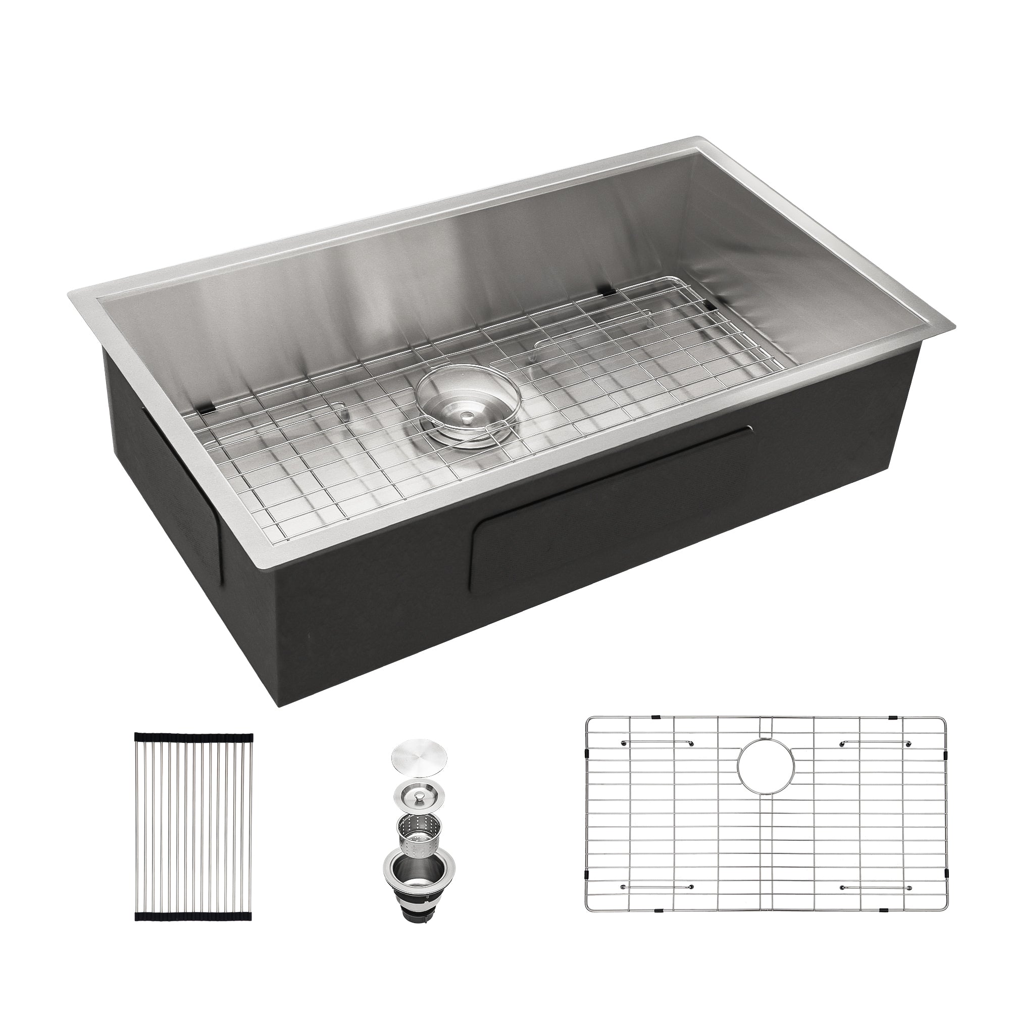 Modern Brushed Nickel 33 Inch Undermount Stainless Steel Kitchen Sink 16 Gauge, 9 Inch Deep Single Bowl