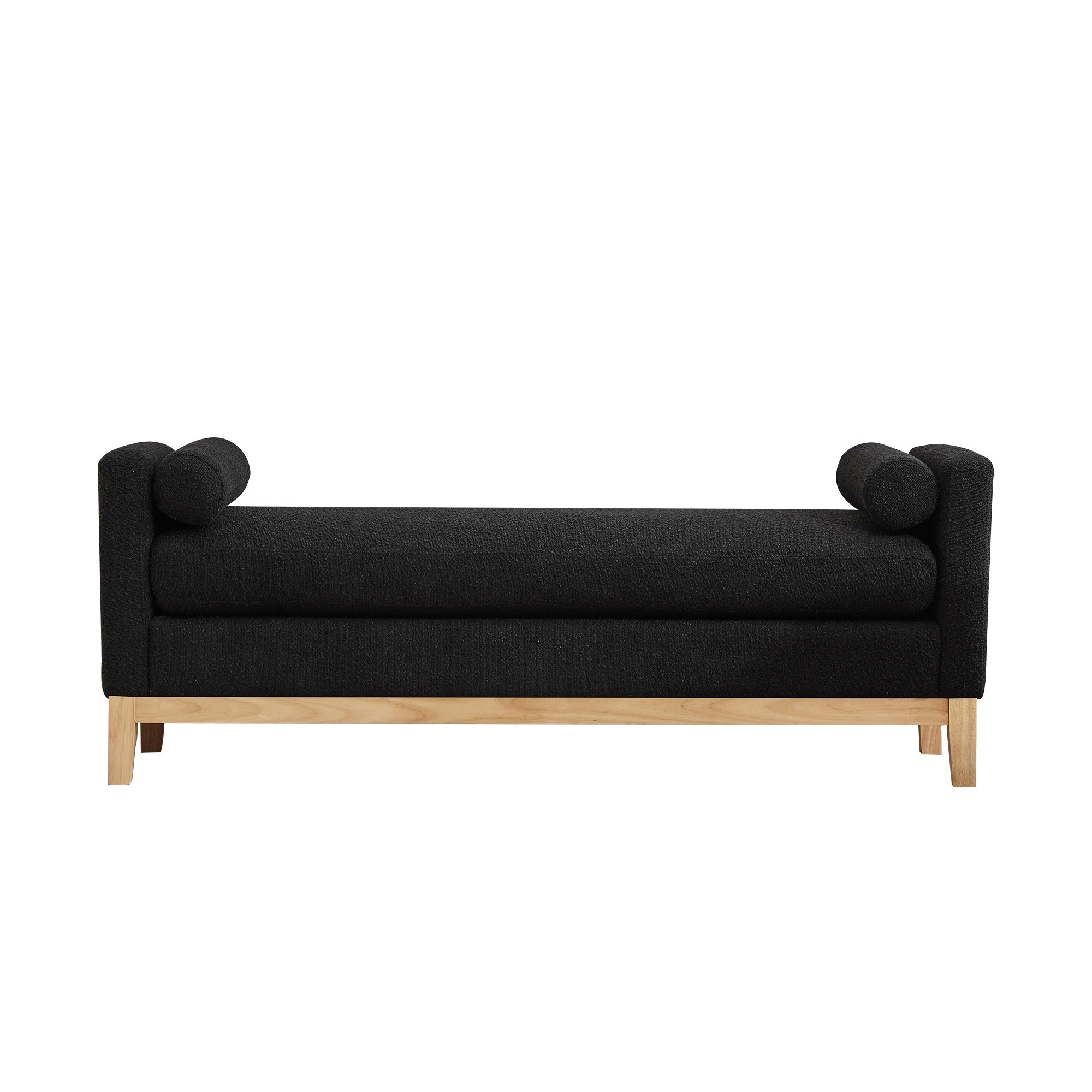 Elegant Upholstered Bench Daybed Ottoman with Nature Wood Legs & Bolster Pillows Black Boucle 66.34'W