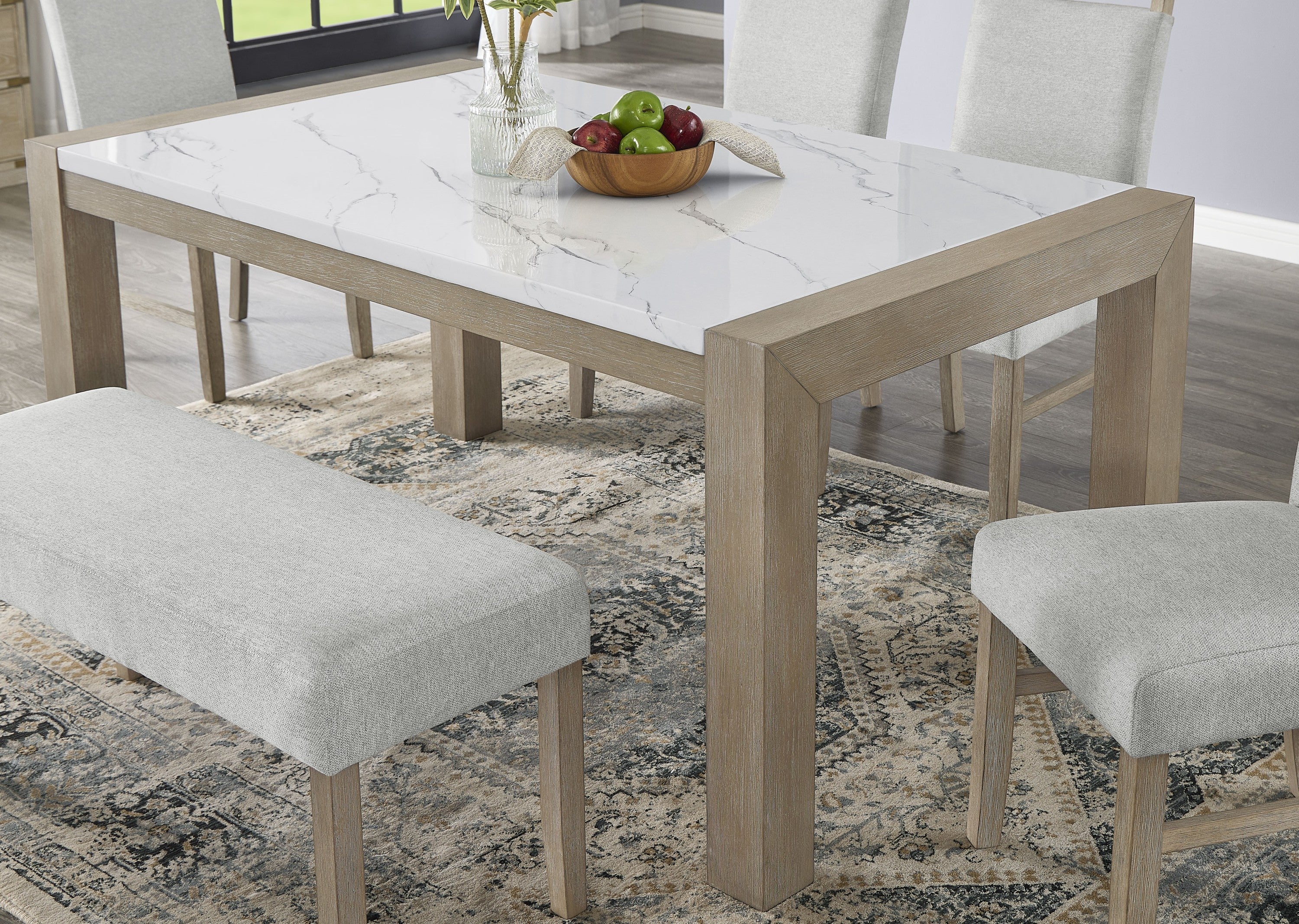 Tabitha 66'W Rectangular White Faux Marble Top Dining Table in Light Oak Finish