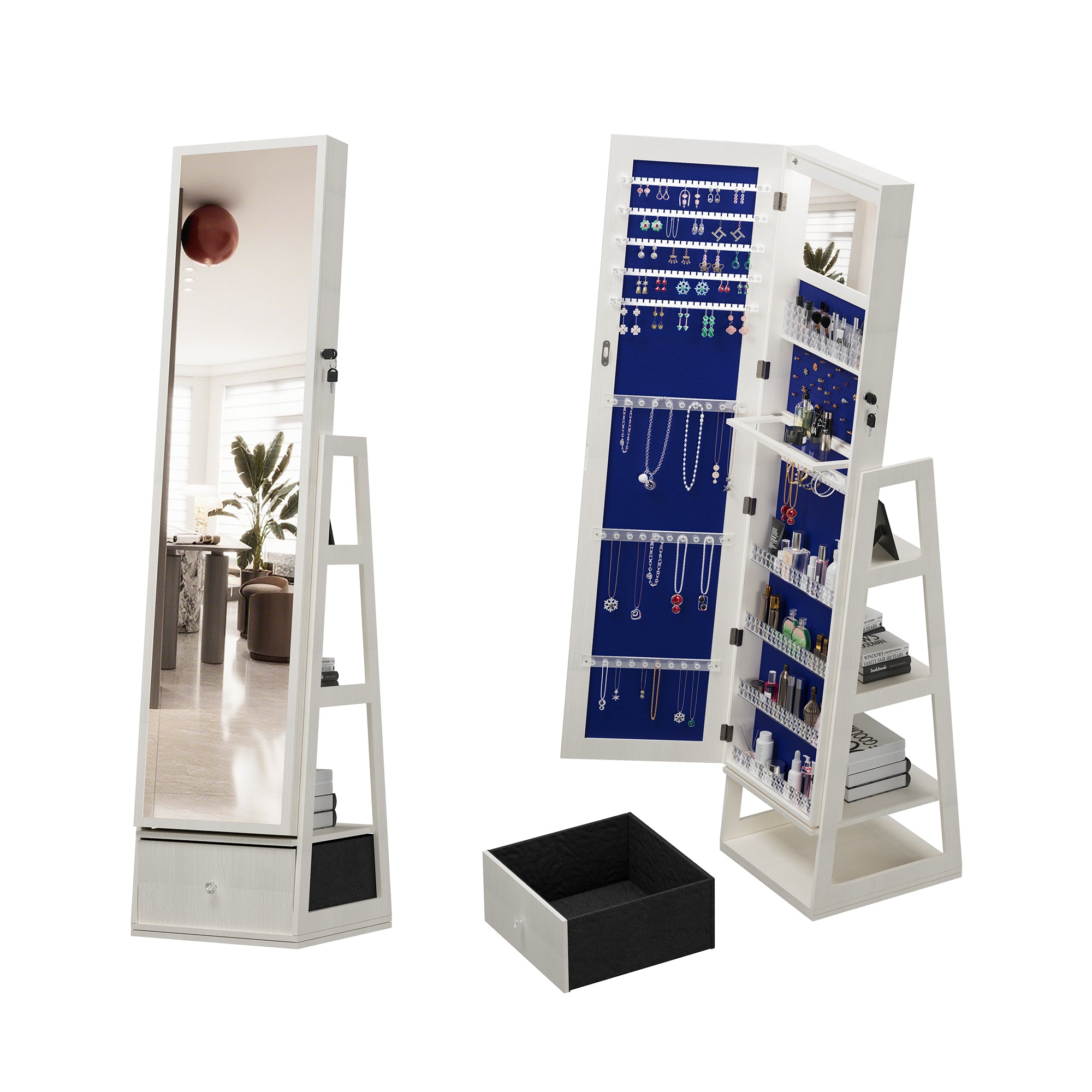 360°Swivel Jewelry Cabinet with Full Length Mirror, 360°Rotating Standing Jewelry Armoire Organizer, Lockable Storage Cabinet, Interior Lighted Mirror and Storage Drawers, White
