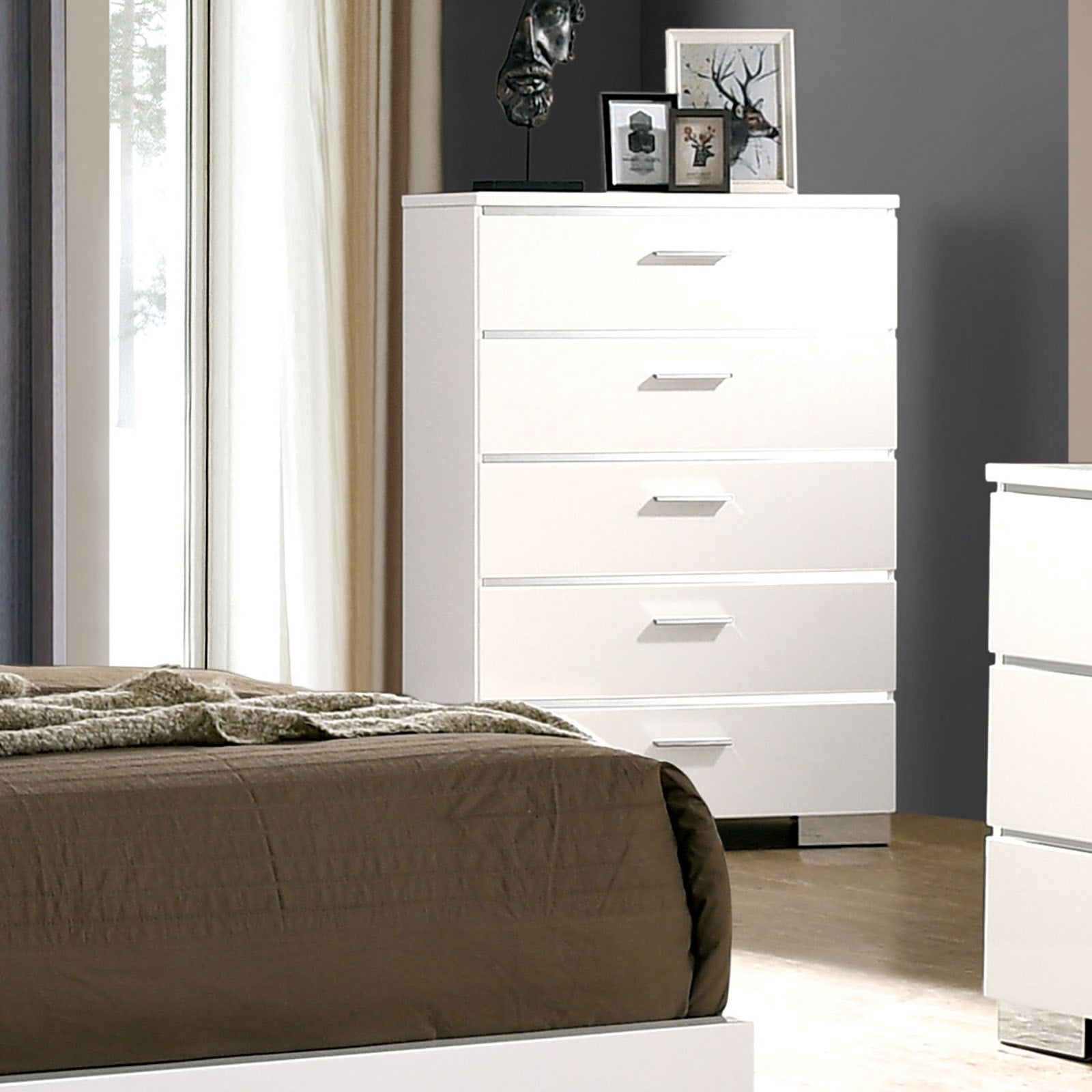 1pc Chest Contemporary Style Five Drawers Chrome Accents High Gloss Coating White And Chrome Finish Bedroom