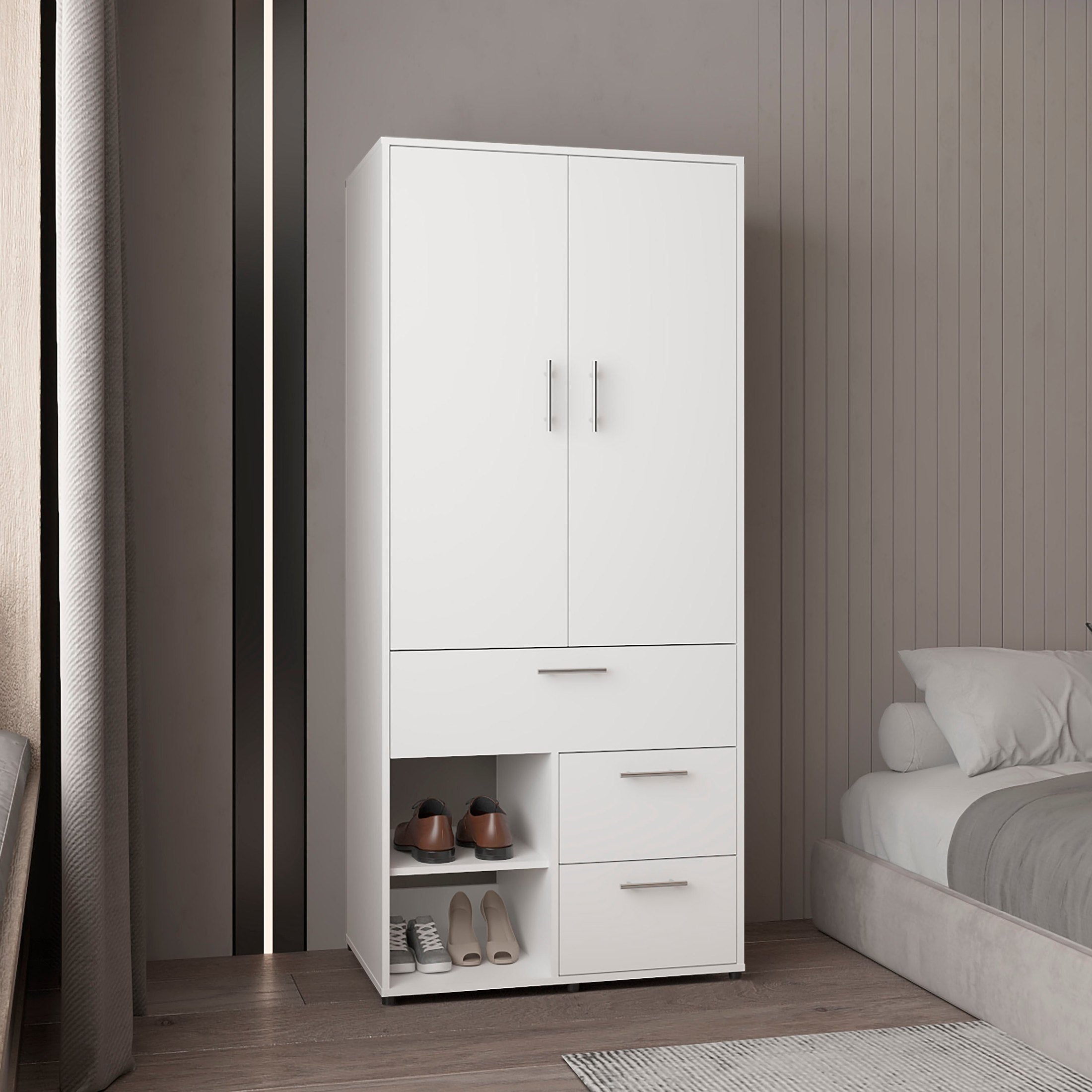 Alpine Armoire With Double Doors, Hanging Rod And Interior Shelves, Freestanding Modern Wardrobe Closet, White