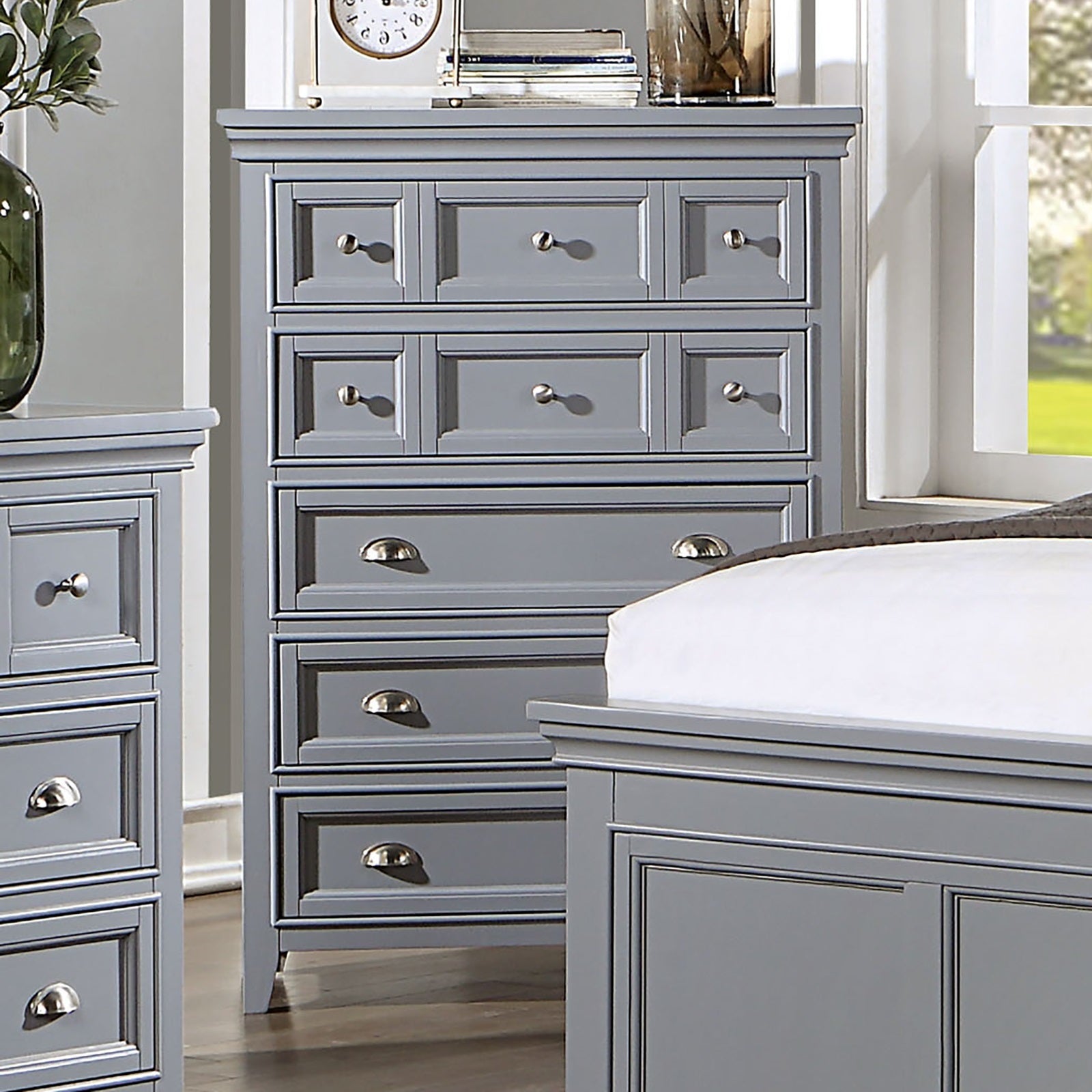 Transitional Style 1pc Chest 5-Drawers Cup Handle And Round Knobs Felt Line Drawers Ball Bearing Glides Gray Finish