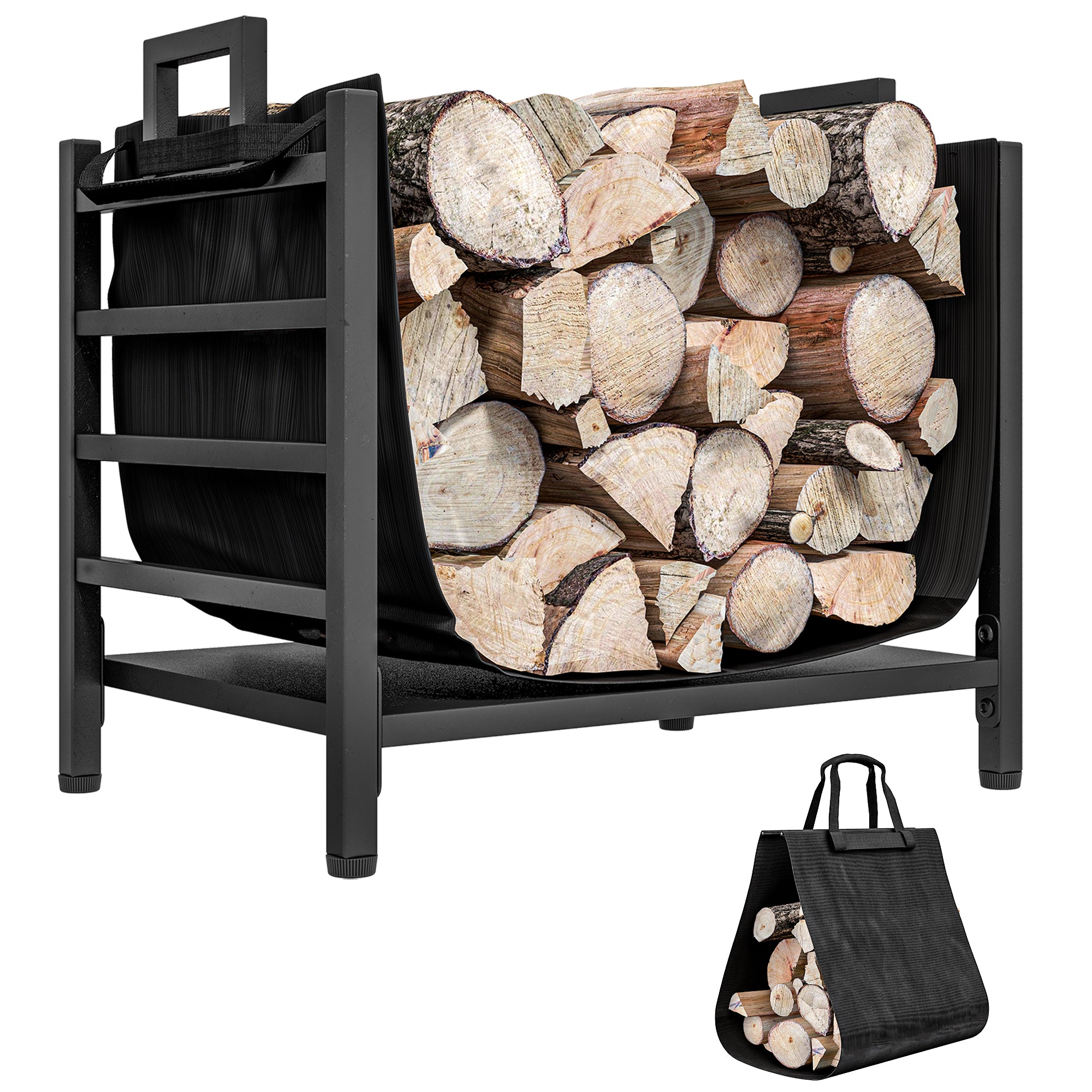 Outsunny Firewood Rack with Removable Log Carrier, Heavy Duty Log Rack with Handles, Indoor Outdoor Wood Storage Holder for Fireplace, 19.3' x 13.4' x 17.3', Black