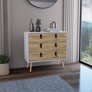 Dresser 29'H, 3 Drawers Dresser with Handles and Wooden Legs, White / Macadamia