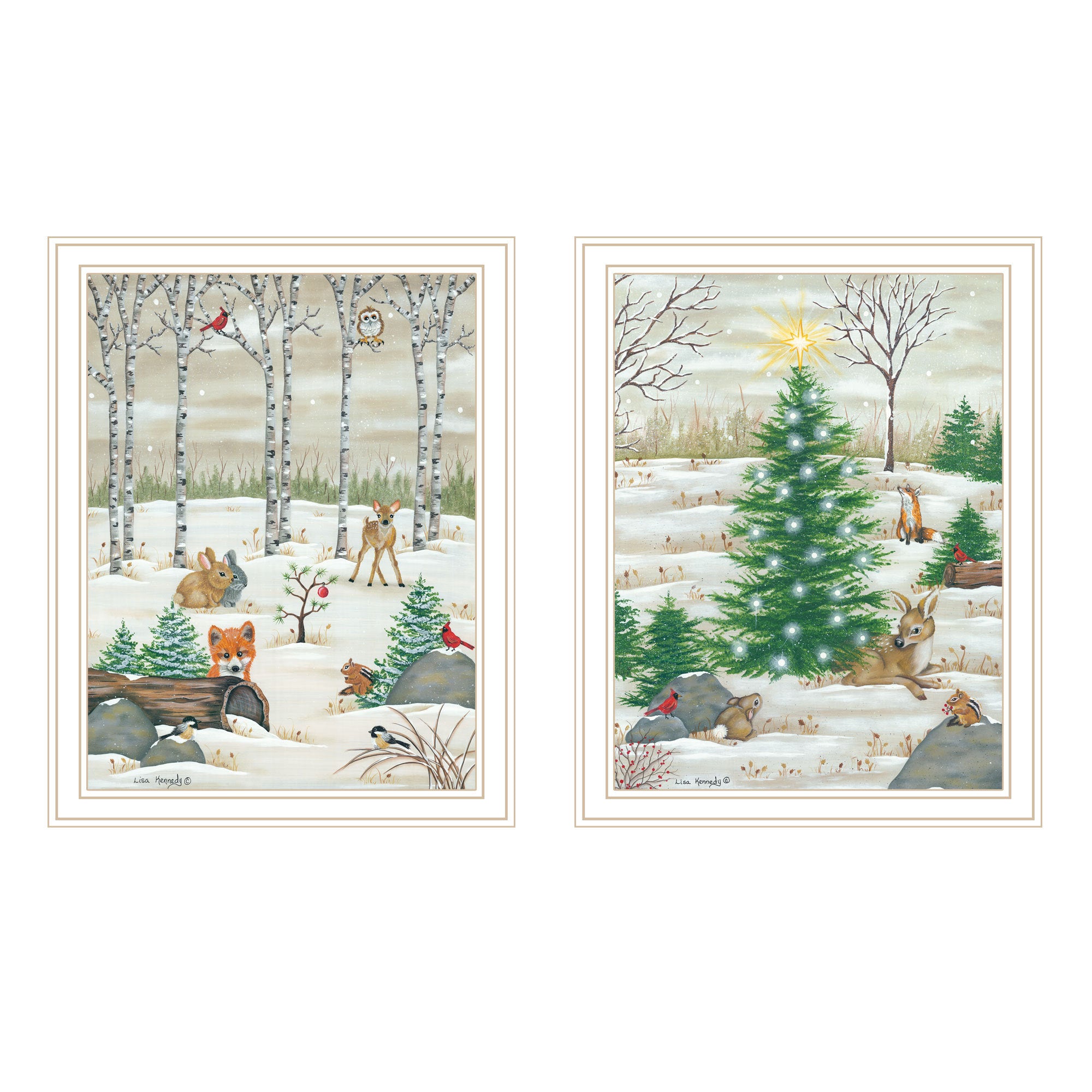 Trendy Decor 4U 2- Piece Vignette Woodland 'Critters for Christmas' White Framed Wall Art for Living Room, Bedroom Wall Art Print for Home Decor by Lisa Kennedy