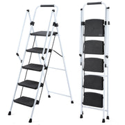ladder, folding ladder stool, with anti slip wide pedals, steel ladder, with safety anti slip handle, lightweight 330 pound portable steel ladder stool in White 5 steps