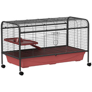 PawHut 48' L Small Animal Cage, Rabbit Hutch, or Ferret Pet Play House with Feeder, Rolling Wheels, Platform, Ramp