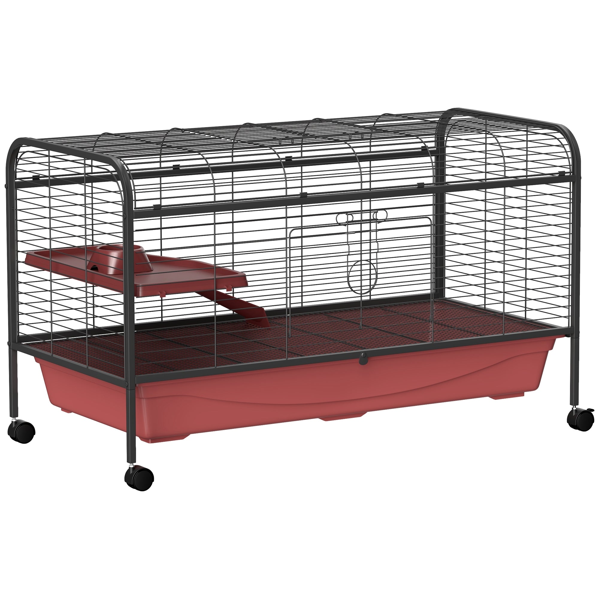 PawHut 48' L Small Animal Cage, Rabbit Hutch, or Ferret Pet Play House with Feeder, Rolling Wheels, Platform, Ramp