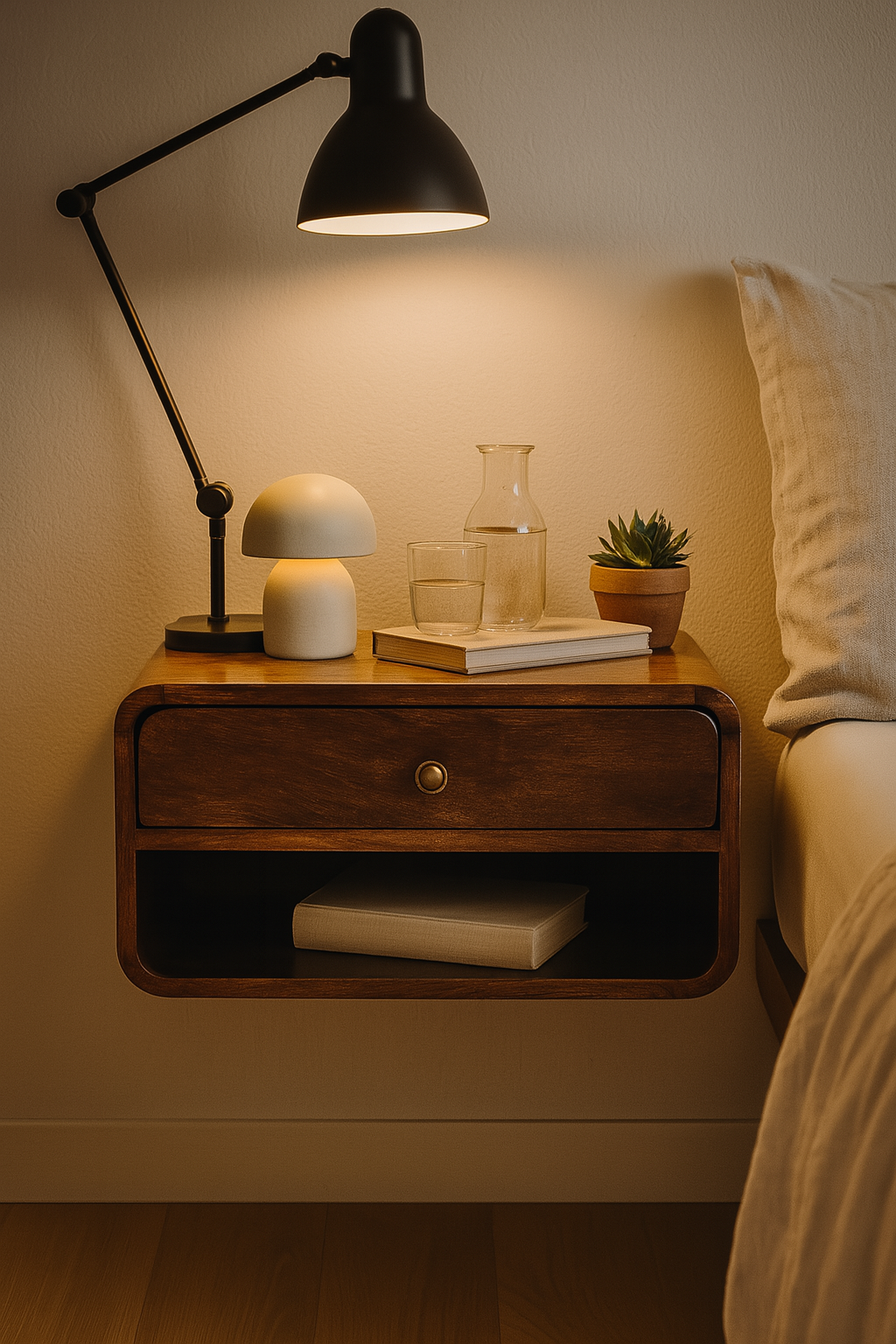 Solid Wood Curved California Walnut Wall-Mounted Bedside, Open Slot, 1-Drawer