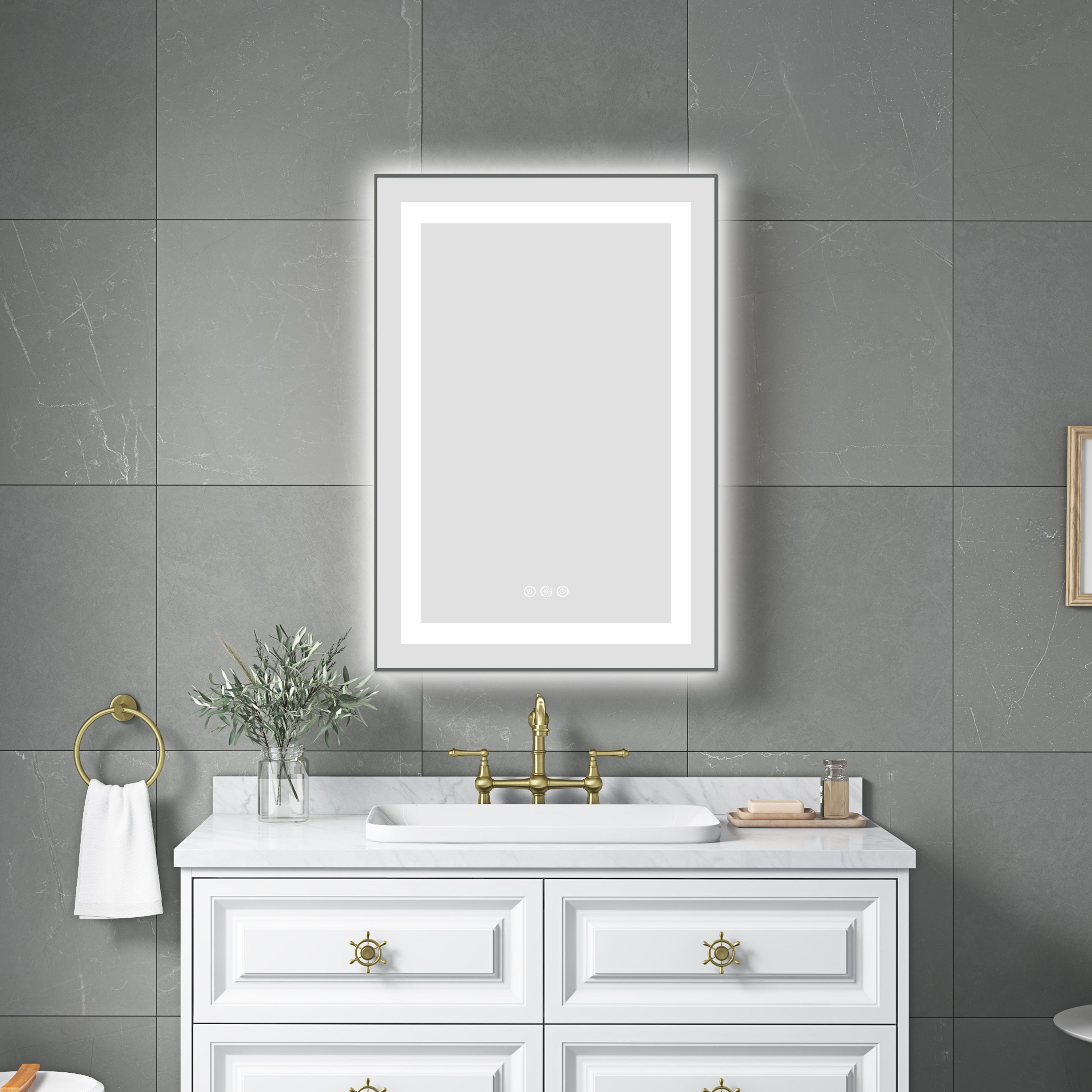 20 x 32 Inch LED Bathroom Mirror with Front and Backlight, Wall Mounted Vanity Mirror with Aluminum Frame, Anti-Fog, Memory, 3 Colors, Stepless Dimmable