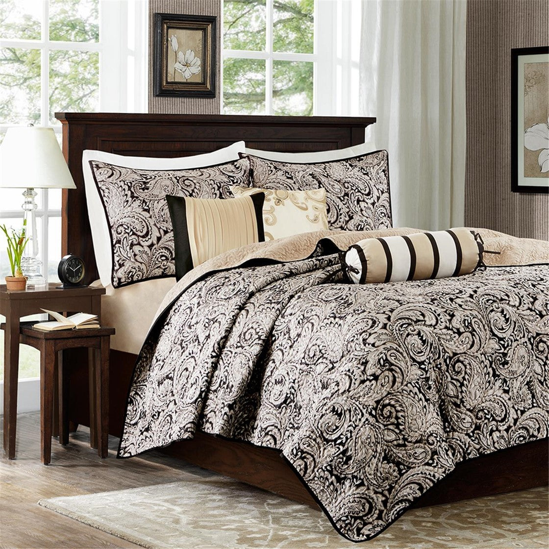 6 Piece Jacquard Quilt Set with Throw Pillows Black Full/Queen