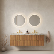 ELIO 60' Bathroom Vanity with Sink, Wall-Mounted Bathroom Storage Cabinet with Drawers, Sintered Stone Countertop and 2 Basins with 3 Pre-drilled Faucet Holes, Pre-assembled, Brown Oak Woodgrain Color