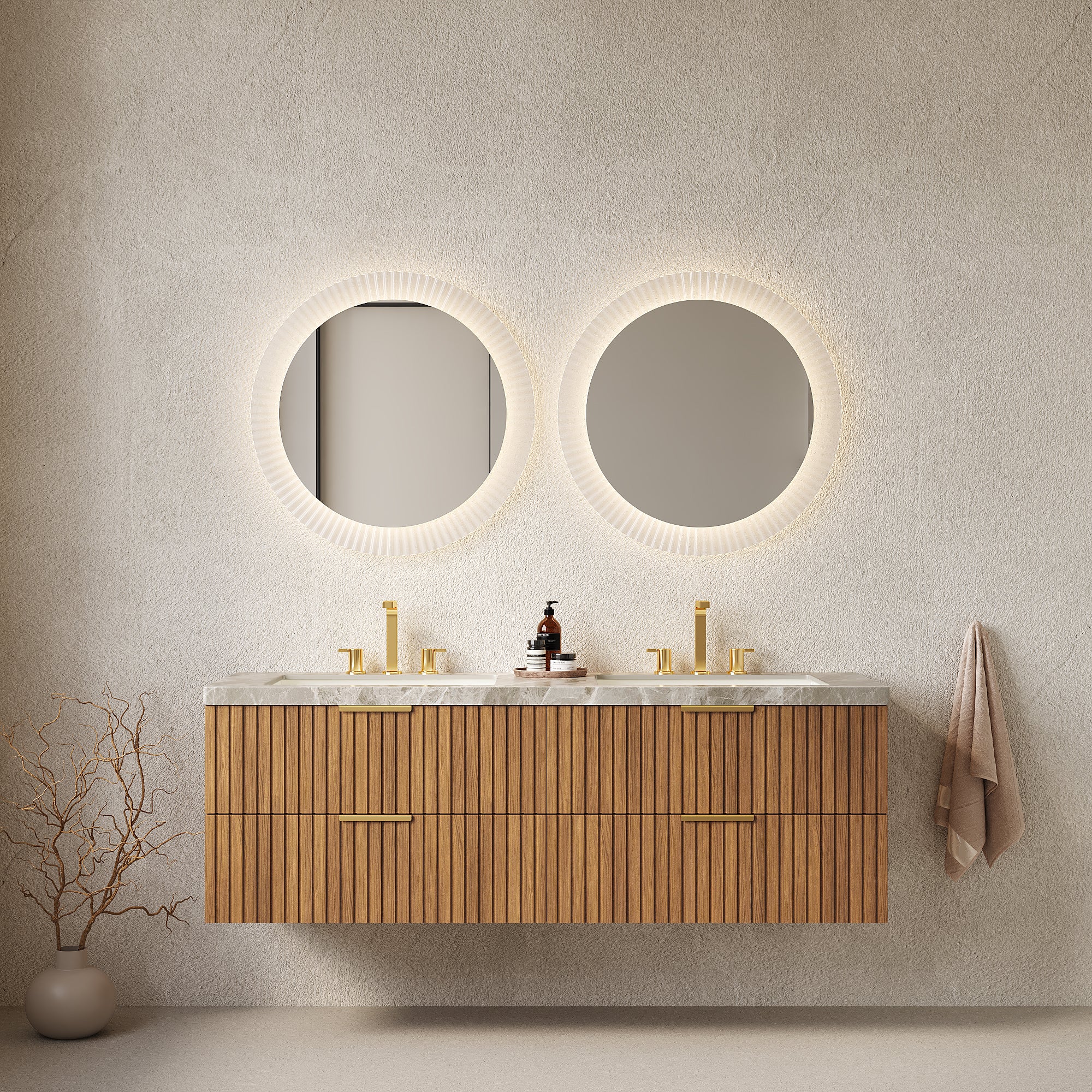 ELIO 60' Bathroom Vanity with Sink, Wall-Mounted Bathroom Storage Cabinet with Drawers, Sintered Stone Countertop and 2 Basins with 3 Pre-drilled Faucet Holes, Pre-assembled, Brown Oak Woodgrain Color