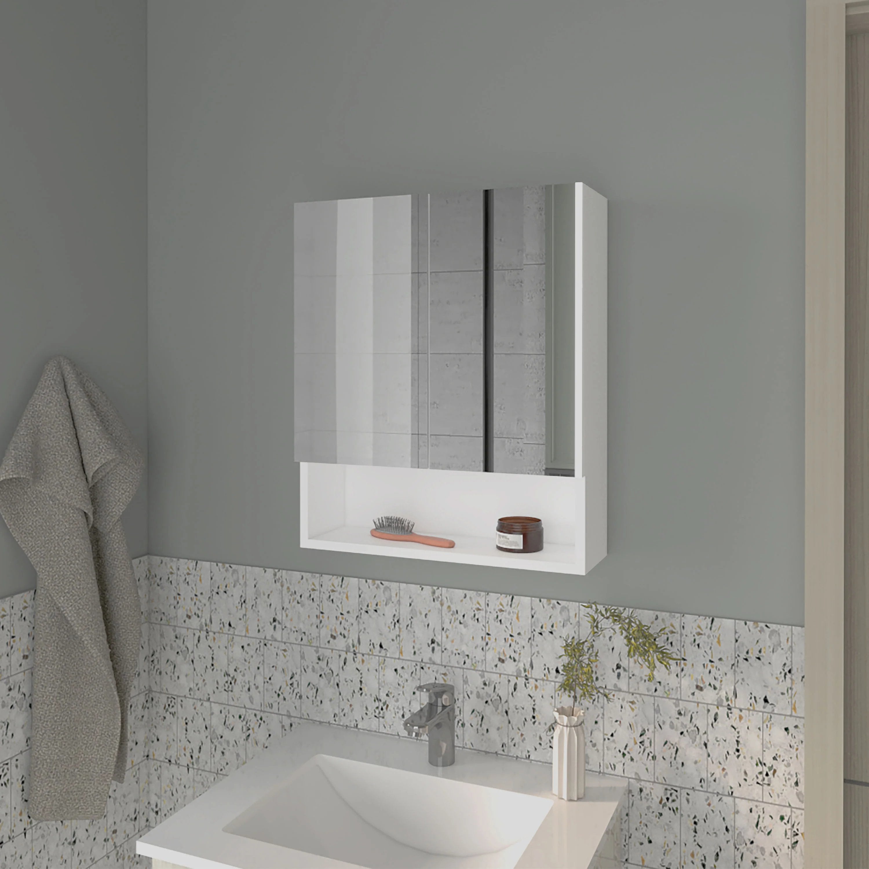 White Medicine Cabinet with Mirrored Doors and Open Storage